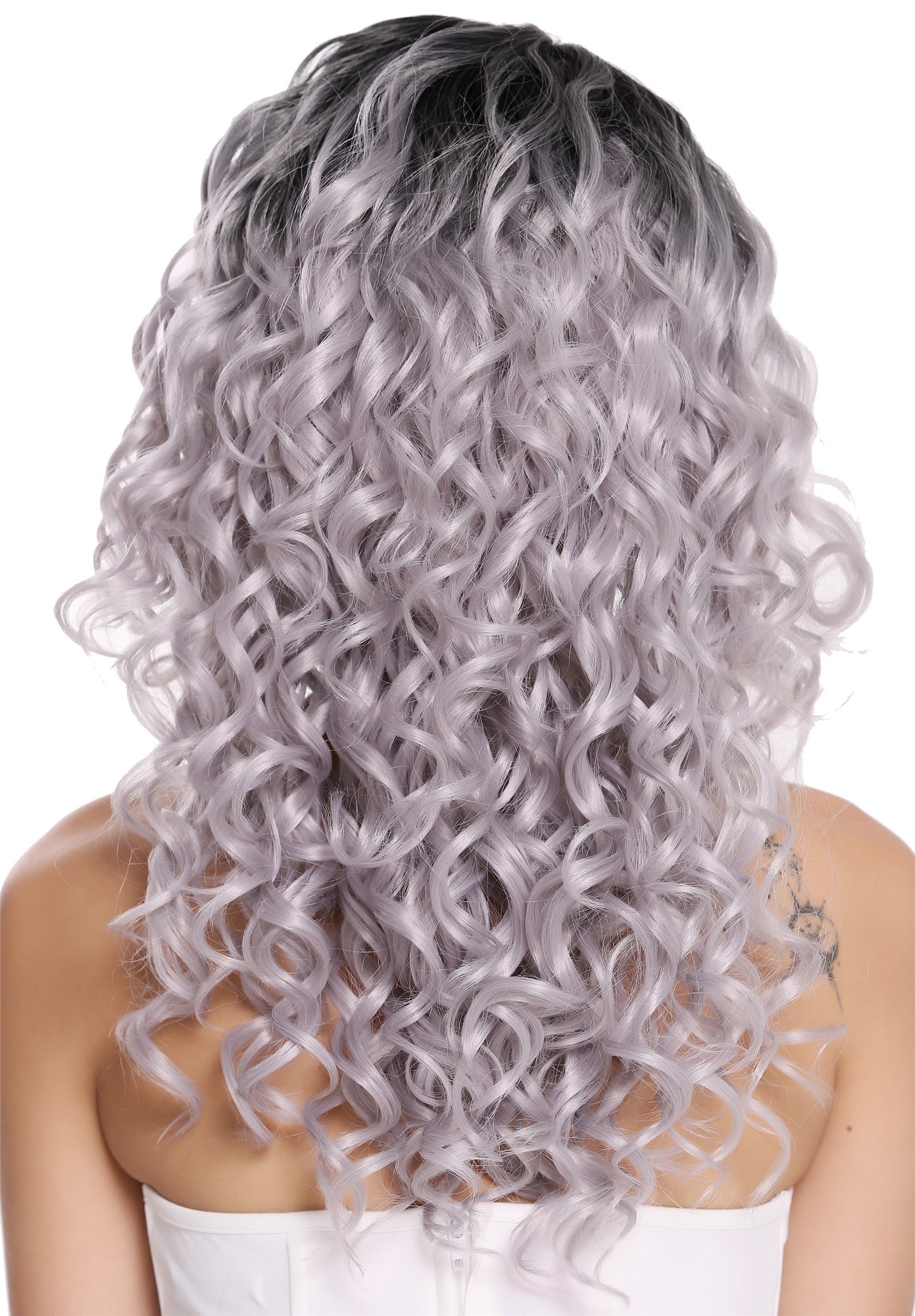 hochwertige Qualitätsperücken, Perücke Locken Volumen Lang Scheitel Ombre Schwarz Grau RGF-6467C-T1B/SILVER, Ansicht 8, WIG ME UP: Ihr Perücken Online Shop lockige Tressen-Perücke mit Kopfhaut-Imitat Schwarz-Silbergrau lange Haare für Damen