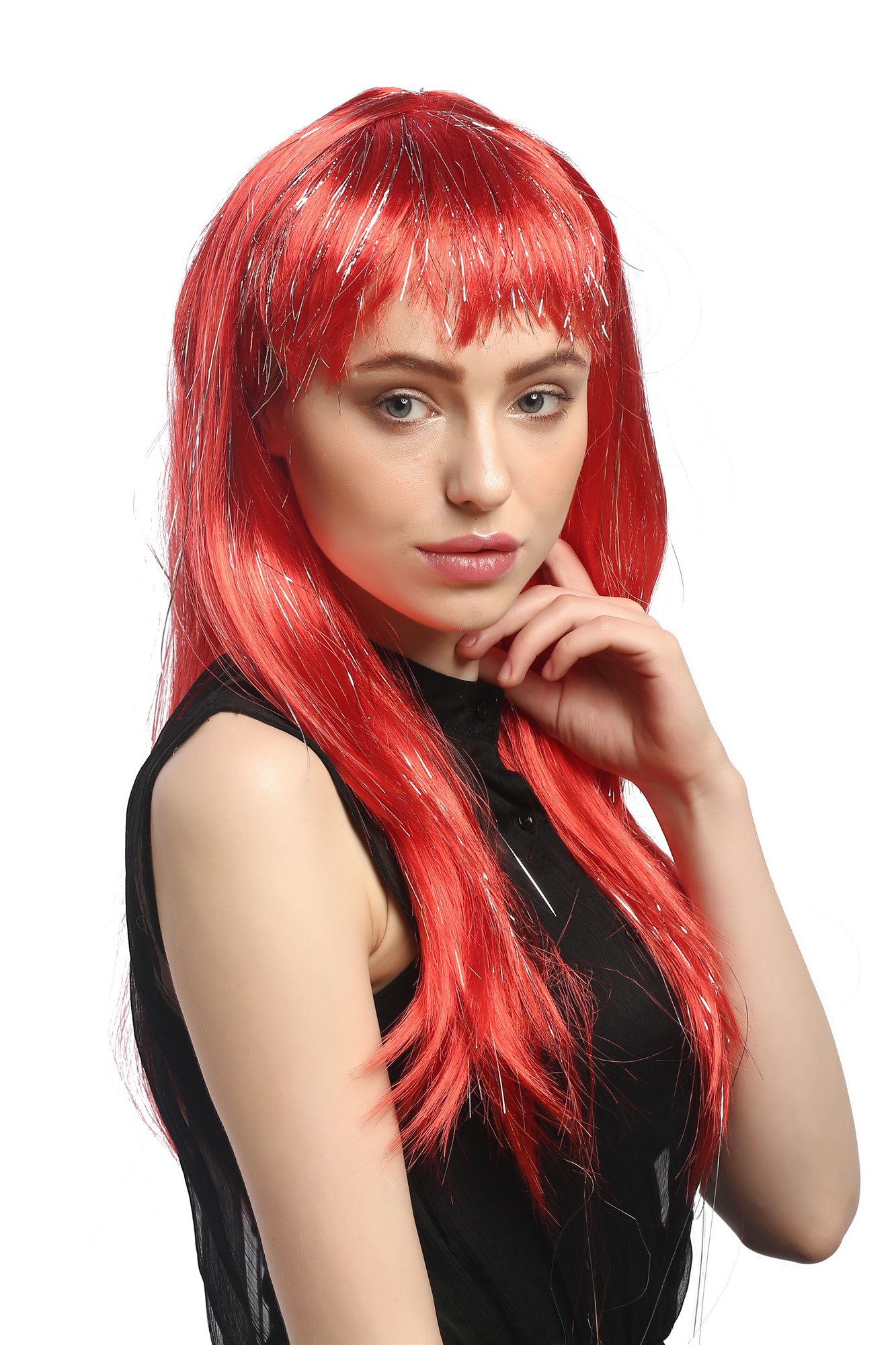 XR-003-PC13 Lady Party Wig Halloween long straight bangs streaked with silver tinsel strands red, front view, WIG ME UP: Your Perücken Online Shop Party Wig, Ladies, bright red, straight, long