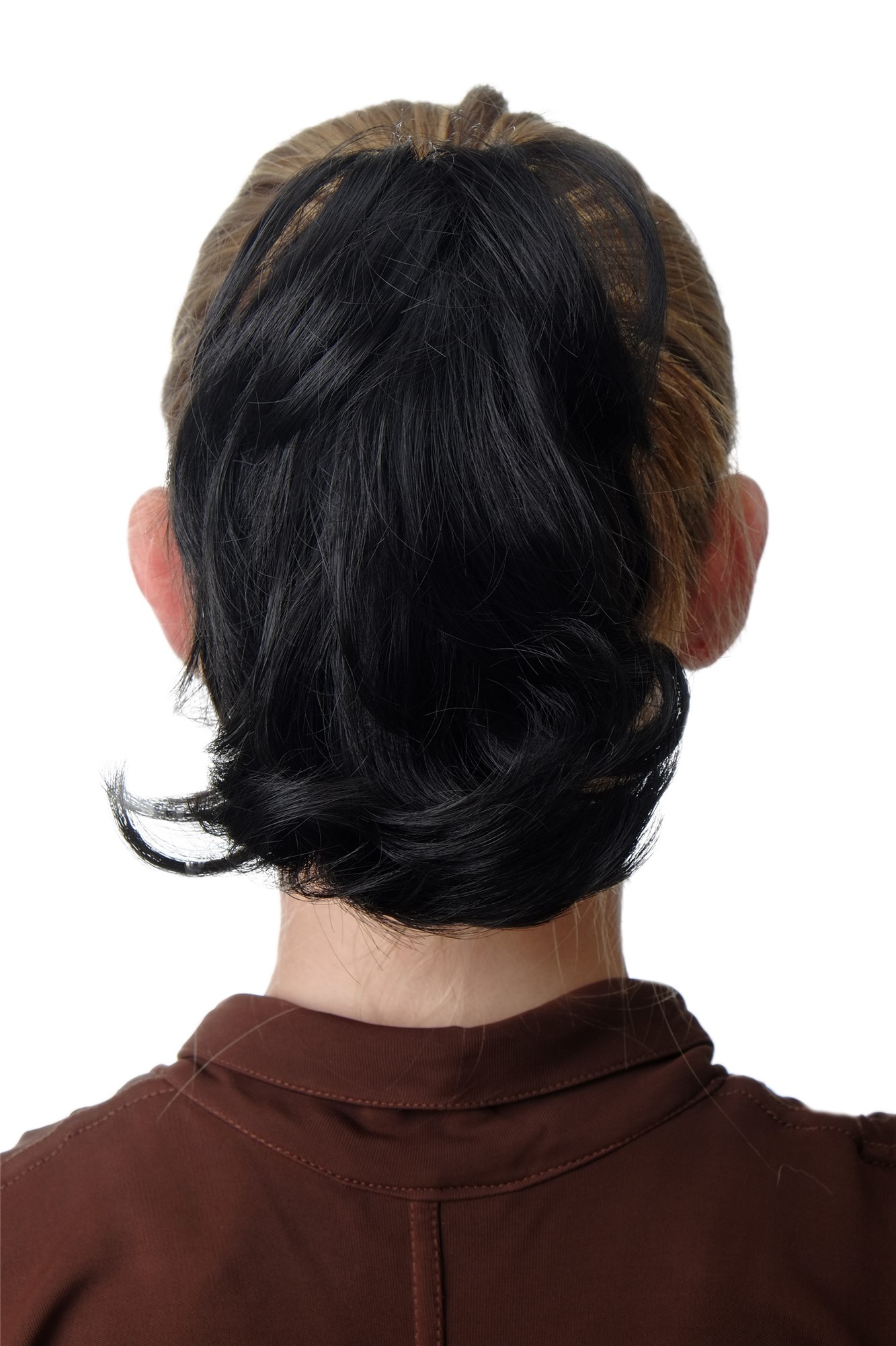 hochwertiges Haarteil Zopf kurz Volumen Schwarz Befestigung mit Butterfly-Klammer T6545-2, Vorderansicht, WIG ME UP: Ihr Perücken Online Shop glattes Zopf-Haarteil Schwarzbraun 17 cm lang