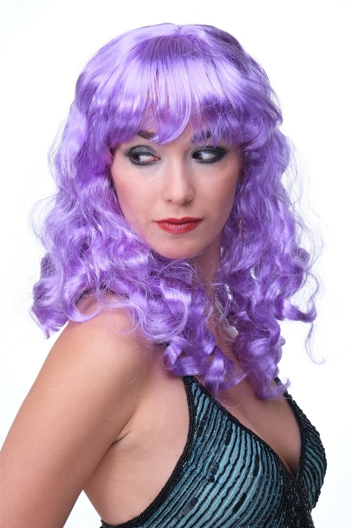 Party/Fancy Dress/Halloween Lady WIG long VIOLET slightly curly FRINGE disco LM-142, front view, WIG ME UP: Your Perücken Online Shop Party Wig, Ladies, neon violet, curled, long
