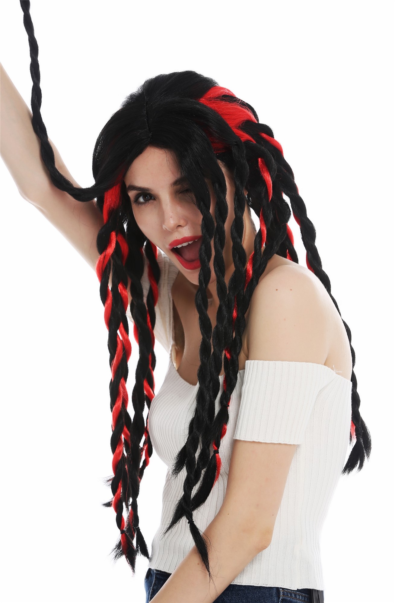 Women's wig Halloween braided plaited rasta dreadlocks long black red punk 69023, view 2, WIG ME UP: Your Perücken Online Shop Party Wig, Ladies, deep black and bright red mix, Braided, long