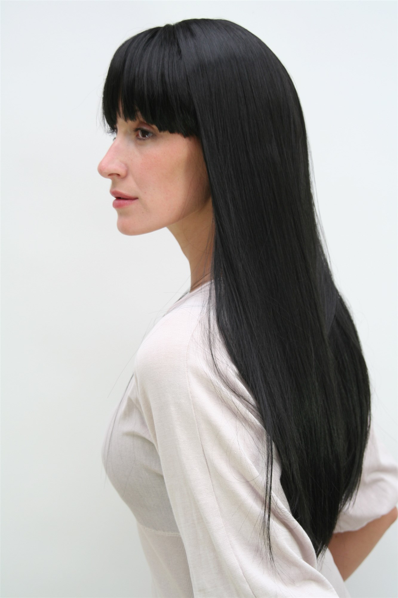 hochwertige Qualitätsperücken, Schwarze Damen Perücke langes glattes Haar mit Pony 3113-1B, Ansicht 3, WIG ME UP: Ihr Perücken Online Shop glatte Tressen-Perücke mit Kopfhaut-Imitat Samtschwarz lange Haare für Damen