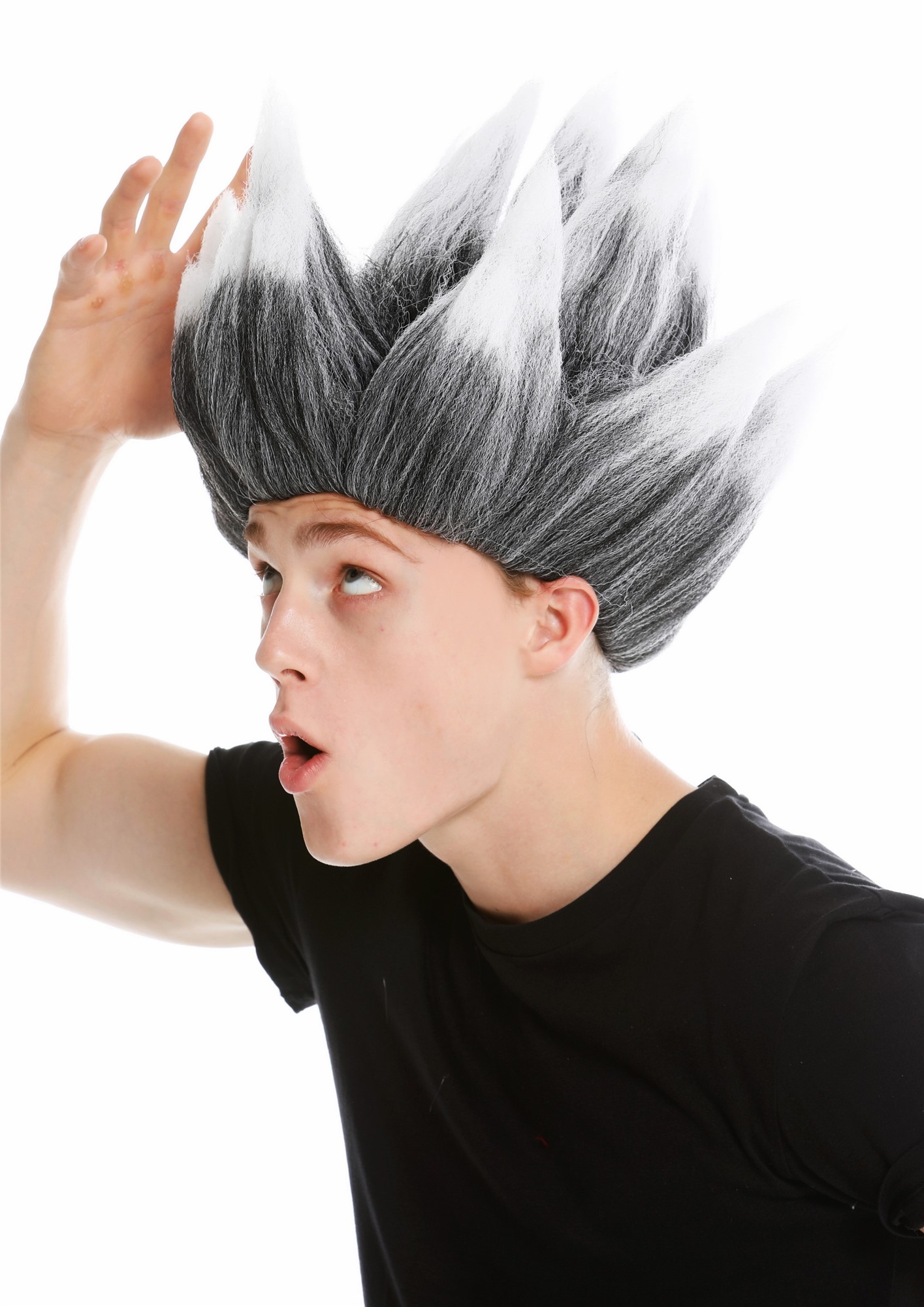 Wig men women carnival demon devil troll flower mad scientist grey white LM-19, front view, WIG ME UP: Your Perücken Online Shop Party Wig, Unisex, Dark Gray White, wavy, short