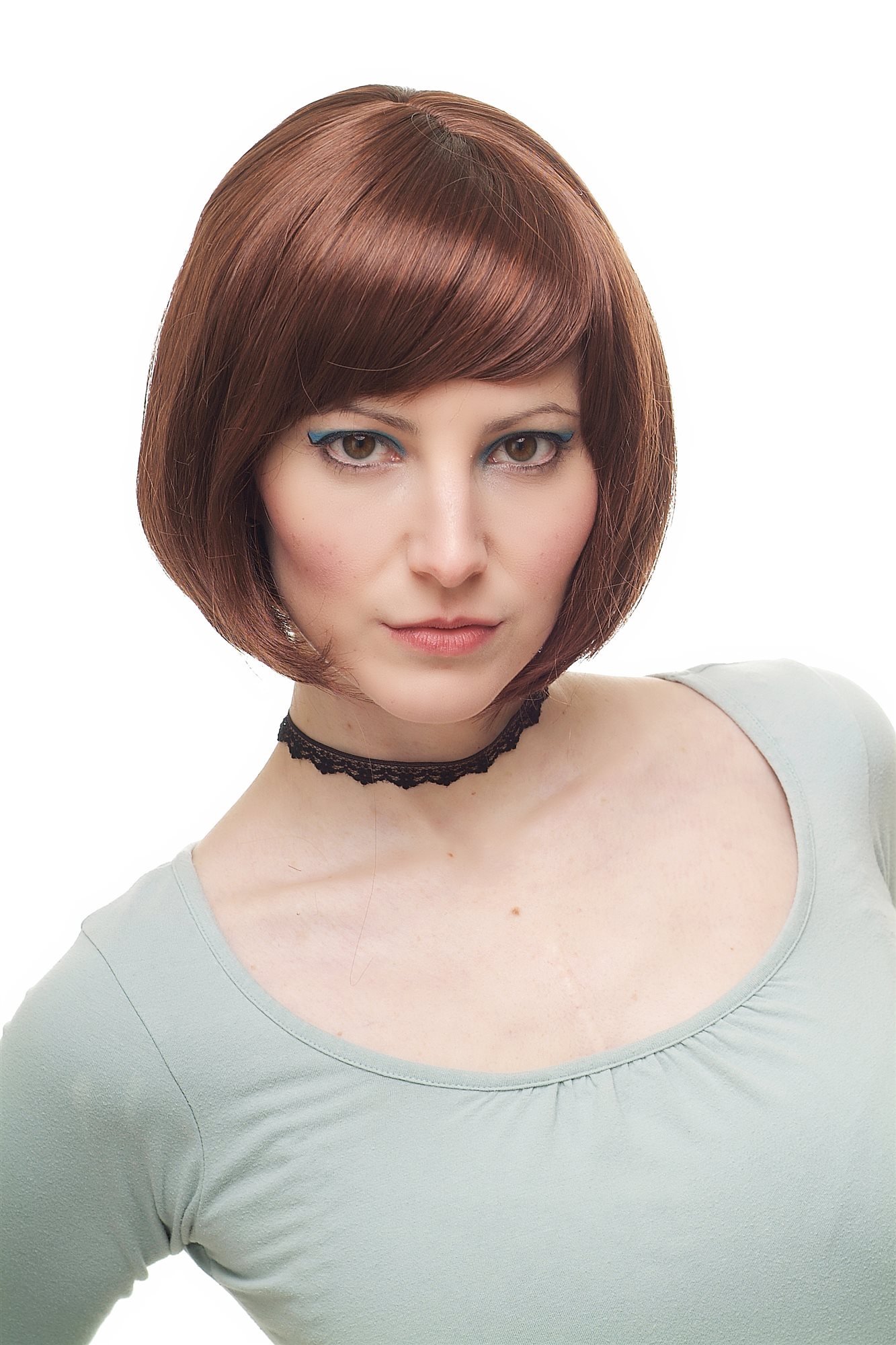 hochwertige Qualitätsperücken, Sexy Damen Bob Perücke glatte kurze Haare mit Pony Rot Kupfer 703-33A/130, Vorderansicht, WIG ME UP: Ihr Perücken Online Shop glatte Tressen-Perücke mit Kopfhaut-Imitat Dunkles Rostbraun-Rostrot-Mix kurze Haare für Damen