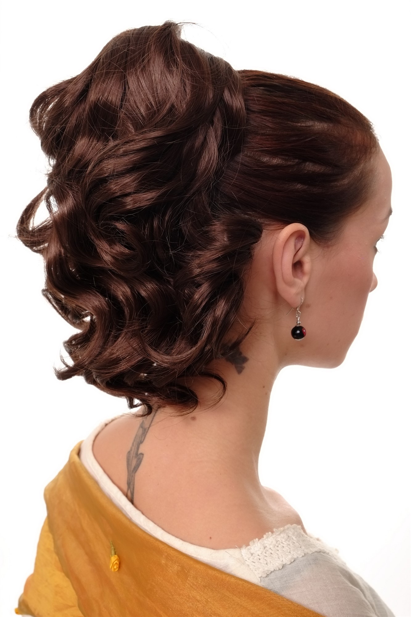 JL-3023-6 Hairpiece PONYTAIL with comb and elastic draw string short wavy voluminous mahogany brown mix 14", front view, WIG ME UP: Your Perücken Online Shop Ponytails, medium ash brown, wavy, shoulder-length