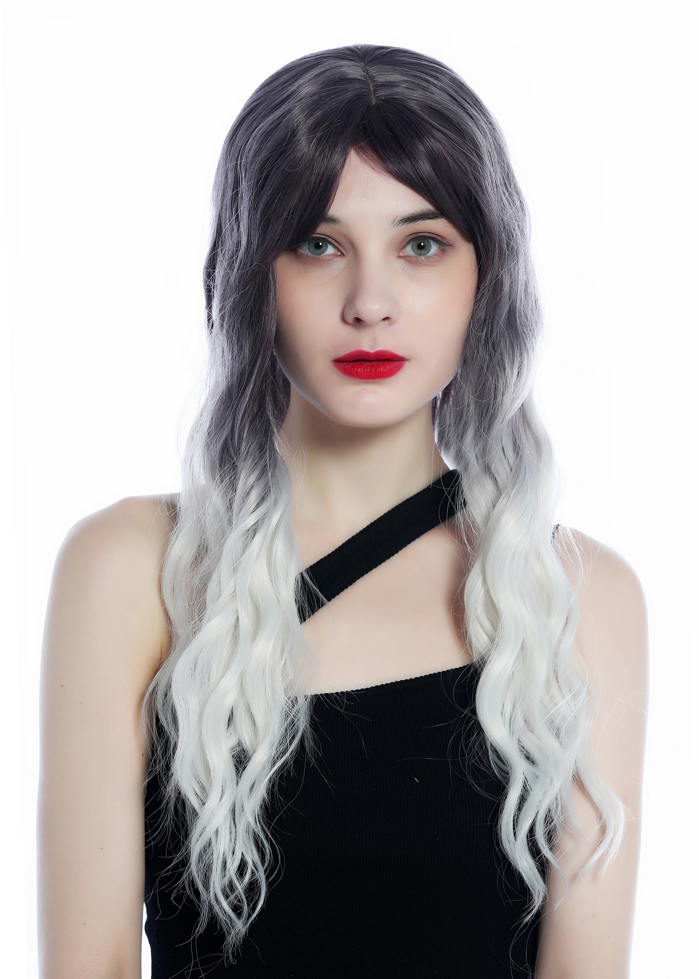 hochwertige Qualitätsperücken, Perücke lang stark gewellt Ombre dunkles Violett silbriges Blond SZL0816B-T-005, Ansicht 3, WIG ME UP: Ihr Perücken Online Shop wellige Tressen-Perücke mit Kopfhaut-Imitat Grauviolett-Silberblond-Verlauf lange Haare für Damen