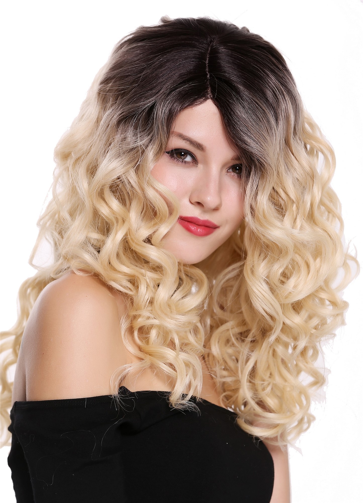 Lady Women wig Parting Long Voluminous Curls Ombre Dark Brown Platinum RGF-6467C, view 2, WIG ME UP: Your Perücken Online Shop Quality Wigs, Ladies, black-brown-light blonde, curled, long