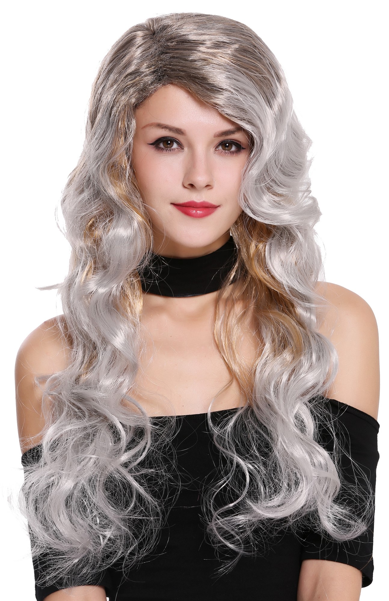 Lady party wig very long wild colours black gray blond Diva Vamp 91577, front view, WIG ME UP: Your Perücken Online Shop Party Wig, Ladies, Grey, wavy, long