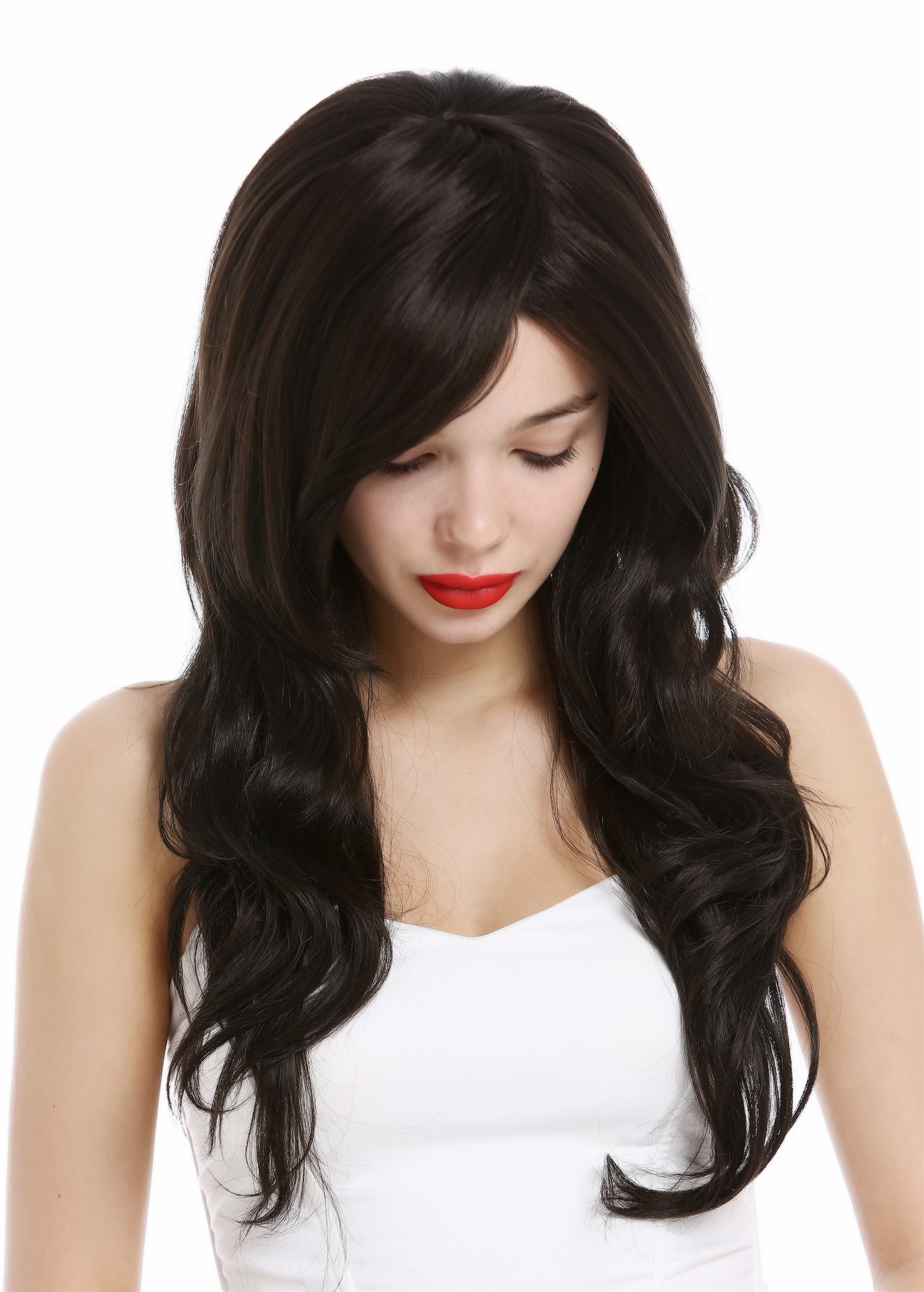 hochwertige Qualitätsperücken, Perücke lang gewellt voluminös Dunkelbraun VK-37-4, Ansicht 5, WIG ME UP: Ihr Perücken Online Shop wellige Tressen-Perücke mit Kopfhaut-Imitat Dunkelbraun lange Haare für Damen