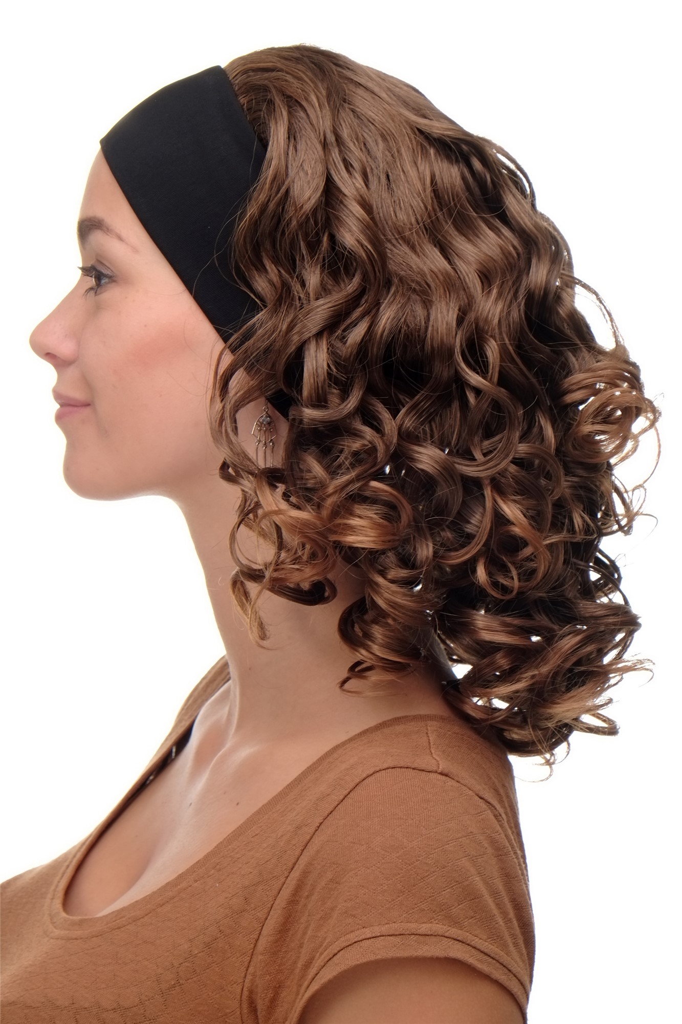 hochwertige Qualitätsperücken, Perücke Stirnband Braun-Blond-Mix Locken Schulterlang BRO-704-6T27, Vorderansicht, WIG ME UP: Ihr Perücken Online Shop lockige Tressen-Perücke mit Stirnband Braun-Blond-Mix schulterlange Haare für Damen