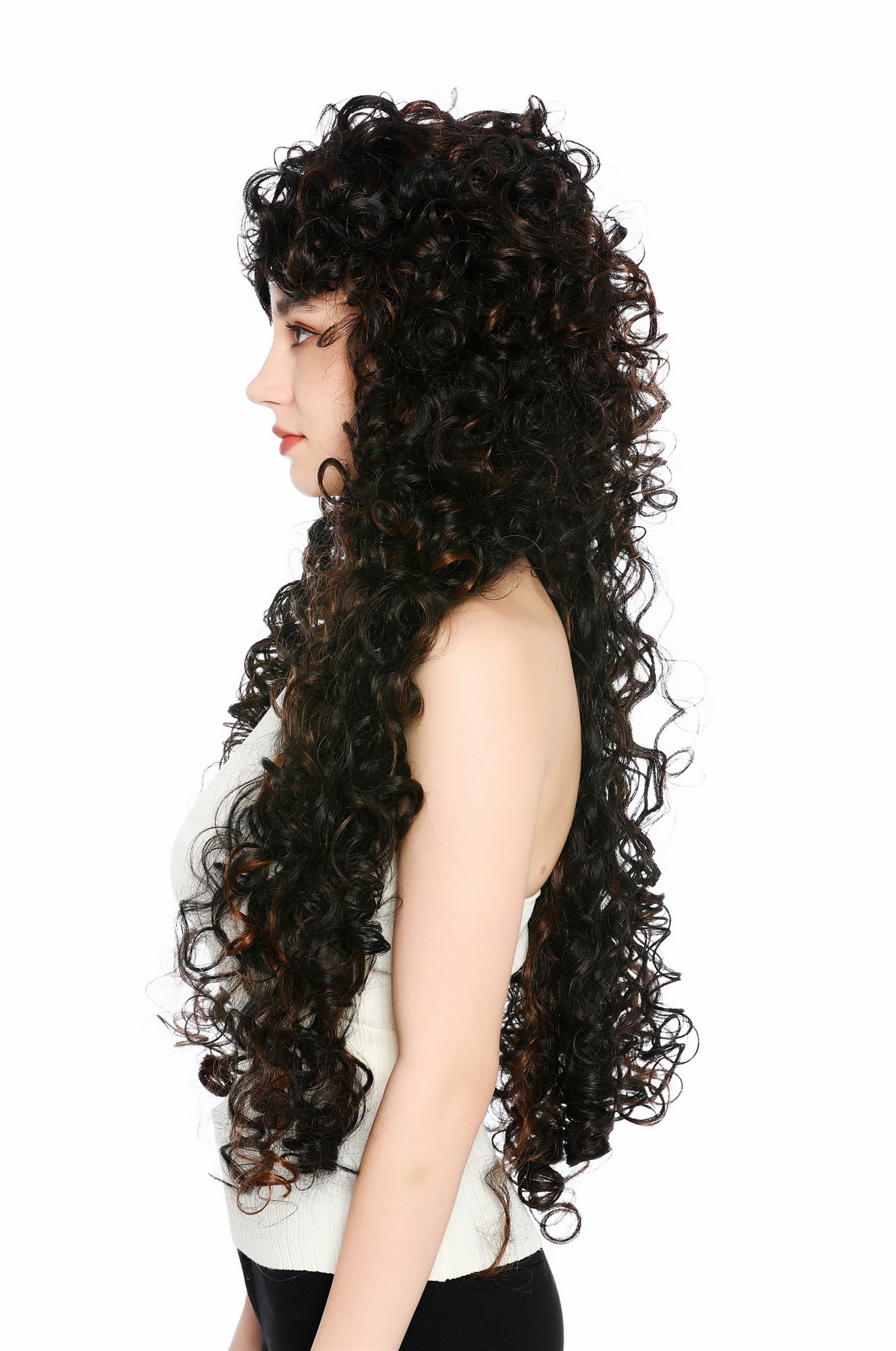 Perücke Damen sehr lang wild gelockt Locken Dunkelbraun Kupferbraun gesträhnt VVK-59-2H30