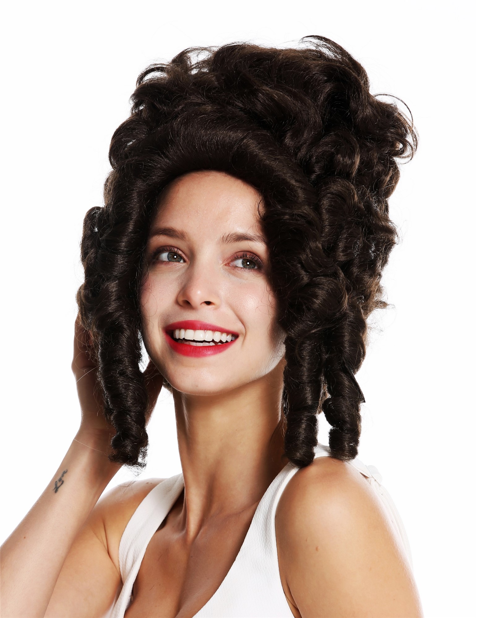 hochwertige Qualitätsperücken, Perücke Barock Pompadour Gräfin Braun VK-38-6, Ansicht 3, WIG ME UP: Ihr Perücken Online Shop lockige Tressen-Perücke Mittelbraun schulterlange Haare für Damen