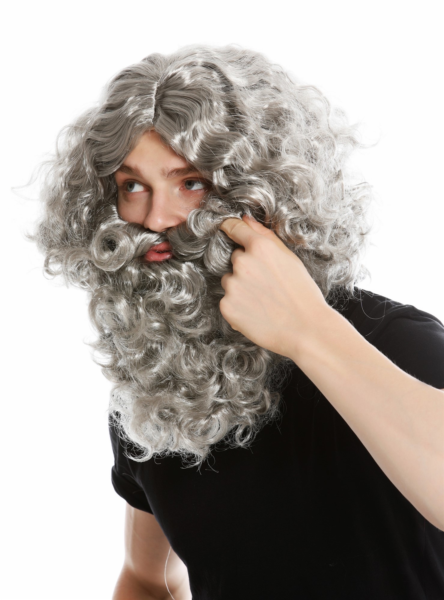 günstige Party Perücke, Perücke Bart Vollbart Grau Prophet Magier 8115-A+B-ZA68R, Ansicht 3, WIG ME UP: Ihr Perücken Online Shop lockige Party Perücke Silbergrau lange Haare für Herren
