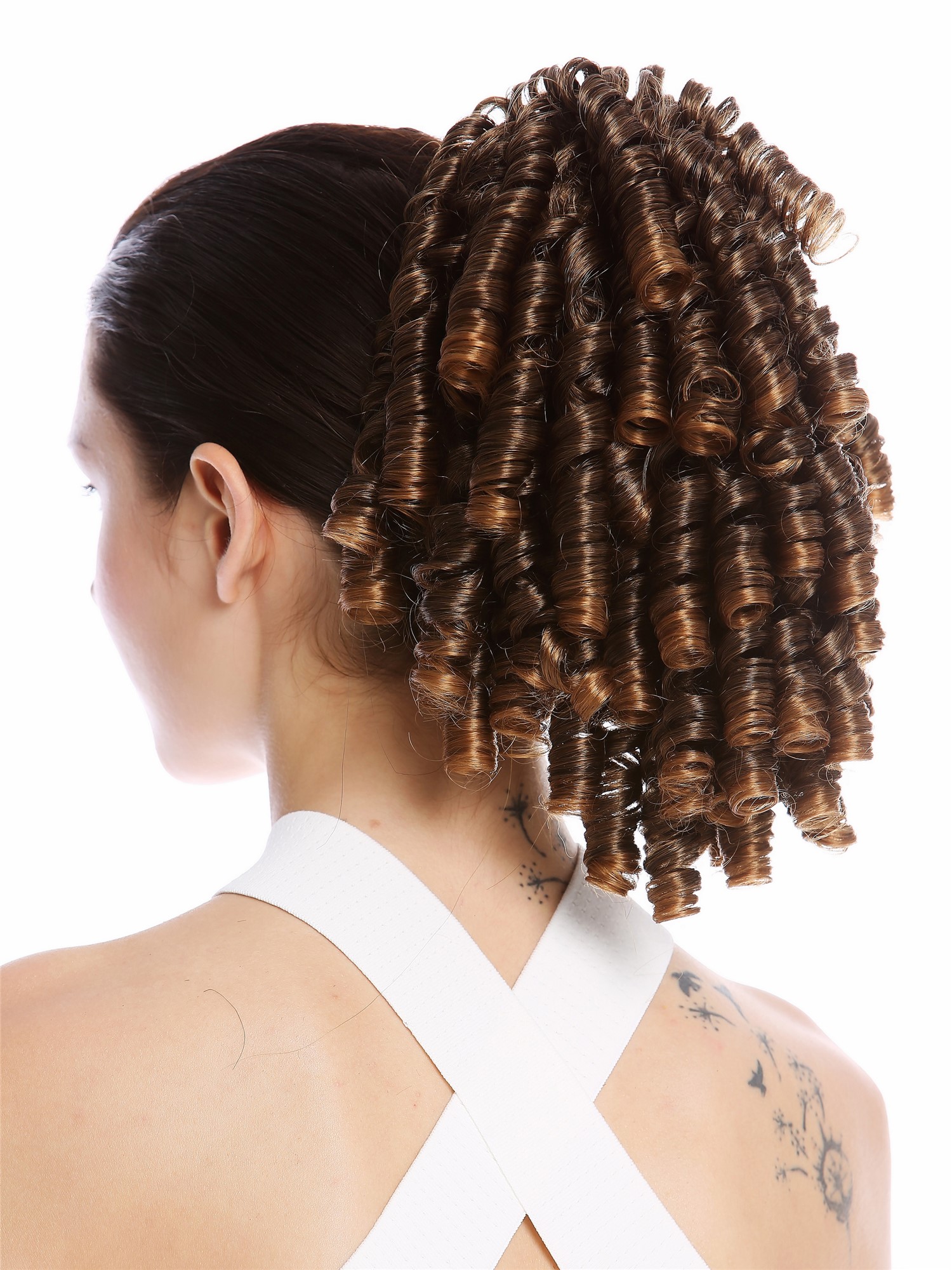 hochwertiger Zopf Pferdeschwanz Korkenzieher-Locken lockig Braun Blond Gesträhnt N900A+2-V-4T27, Vorderansicht, WIG ME UP: Ihr Perücken Online Shop glattes Zopf-Haarteil Braun-Blond-Mix 30 cm lang