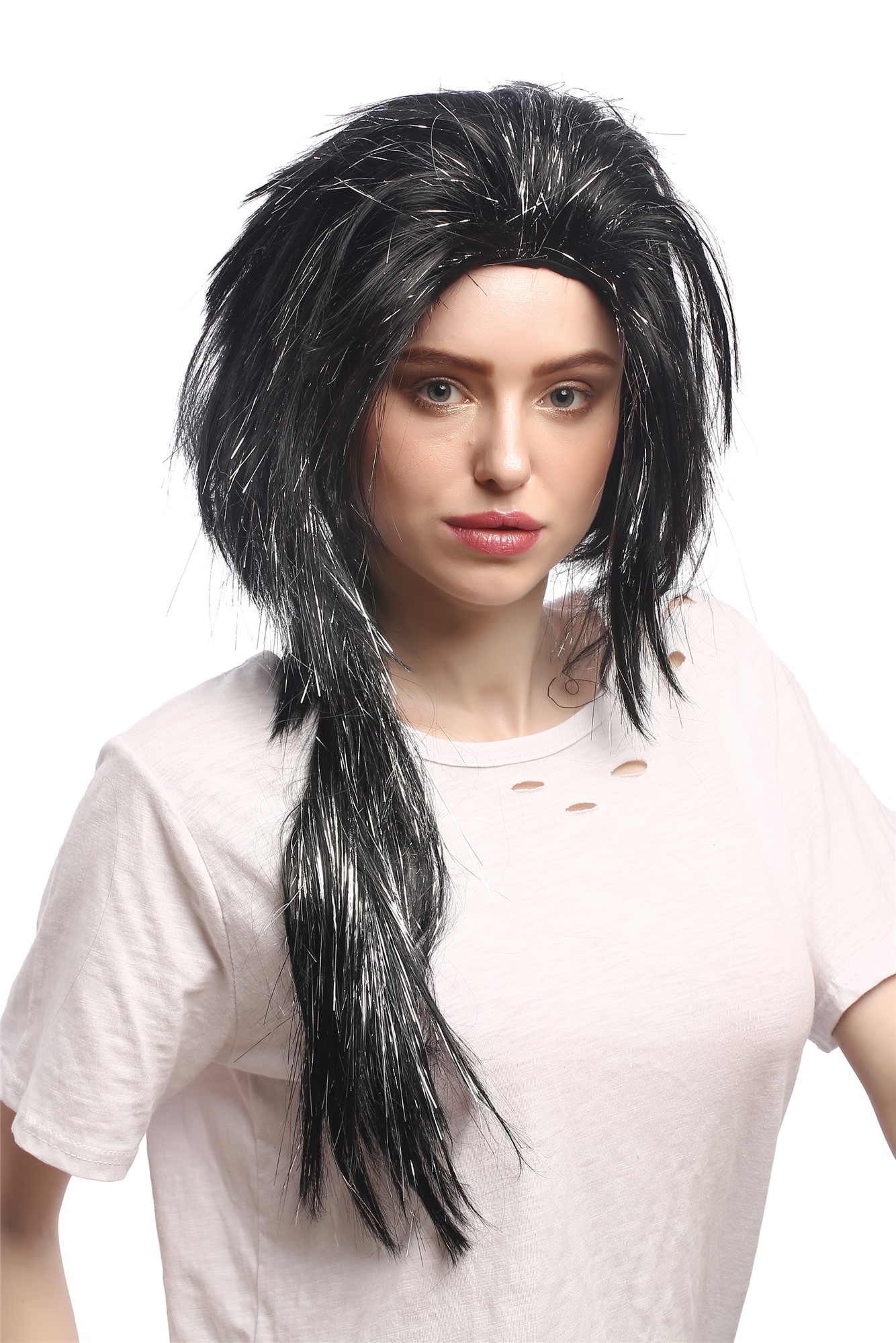 günstige Party Perücke, Perücke Schwarz Silber Strähnen Zopf 91064-ZA103-silver, Ansicht 3, WIG ME UP: Ihr Perücken Online Shop wellige Party Perücke Schwarz lange Haare Unisex
