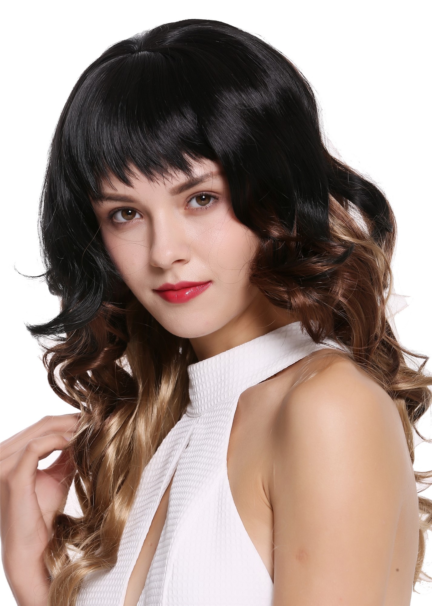 hochwertige Qualitätsperücken, Perücke Lang Locken Pony Ombre Schwarz Braun Blond 1002A-G1B-30-19, Ansicht 3, WIG ME UP: Ihr Perücken Online Shop lockige Tressen-Perücke mit Kopfhaut-Imitat Schwarz-Braun-Blond lange Haare für Damen