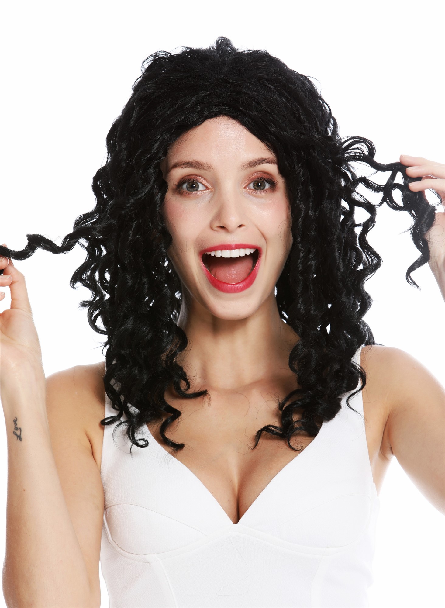 hochwertige Qualitätsperücken, Perücke lang Korkenzieher-Locken Mittelscheitel schwarz ZM-1622-1, Vorderansicht, WIG ME UP: Ihr Perücken Online Shop lockige Tressen-Perücke Schwarz lange Haare für Damen