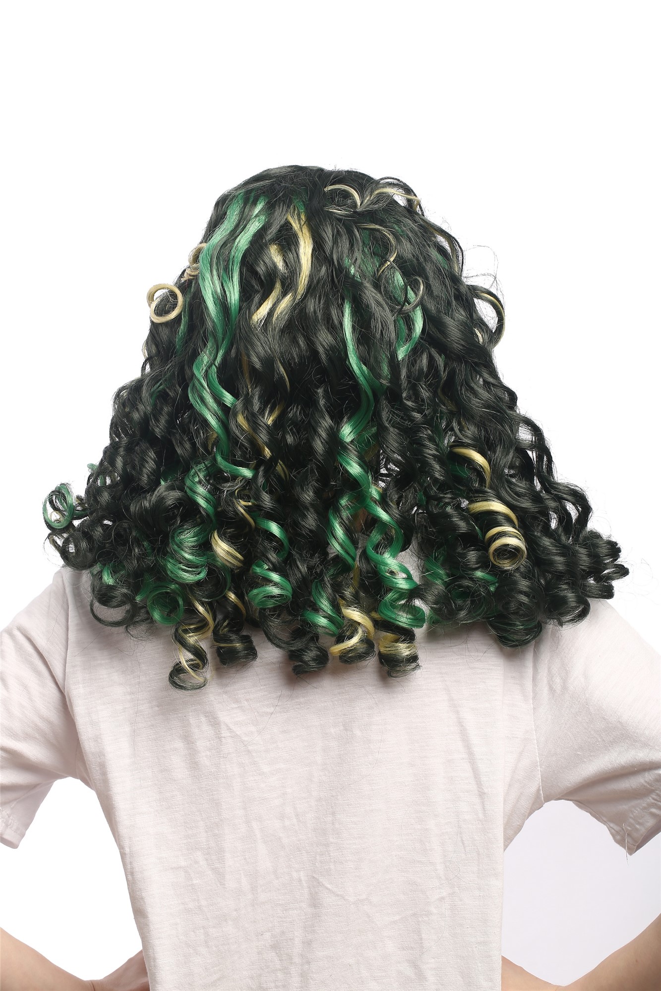 Lady Party Wig Fancy Dress Cosplay Mermaid green blond strands baroque coils curls middle parting, view 2, WIG ME UP: Your Perücken Online Shop Party Wig, Unisex, Green, curled, shoulder-length