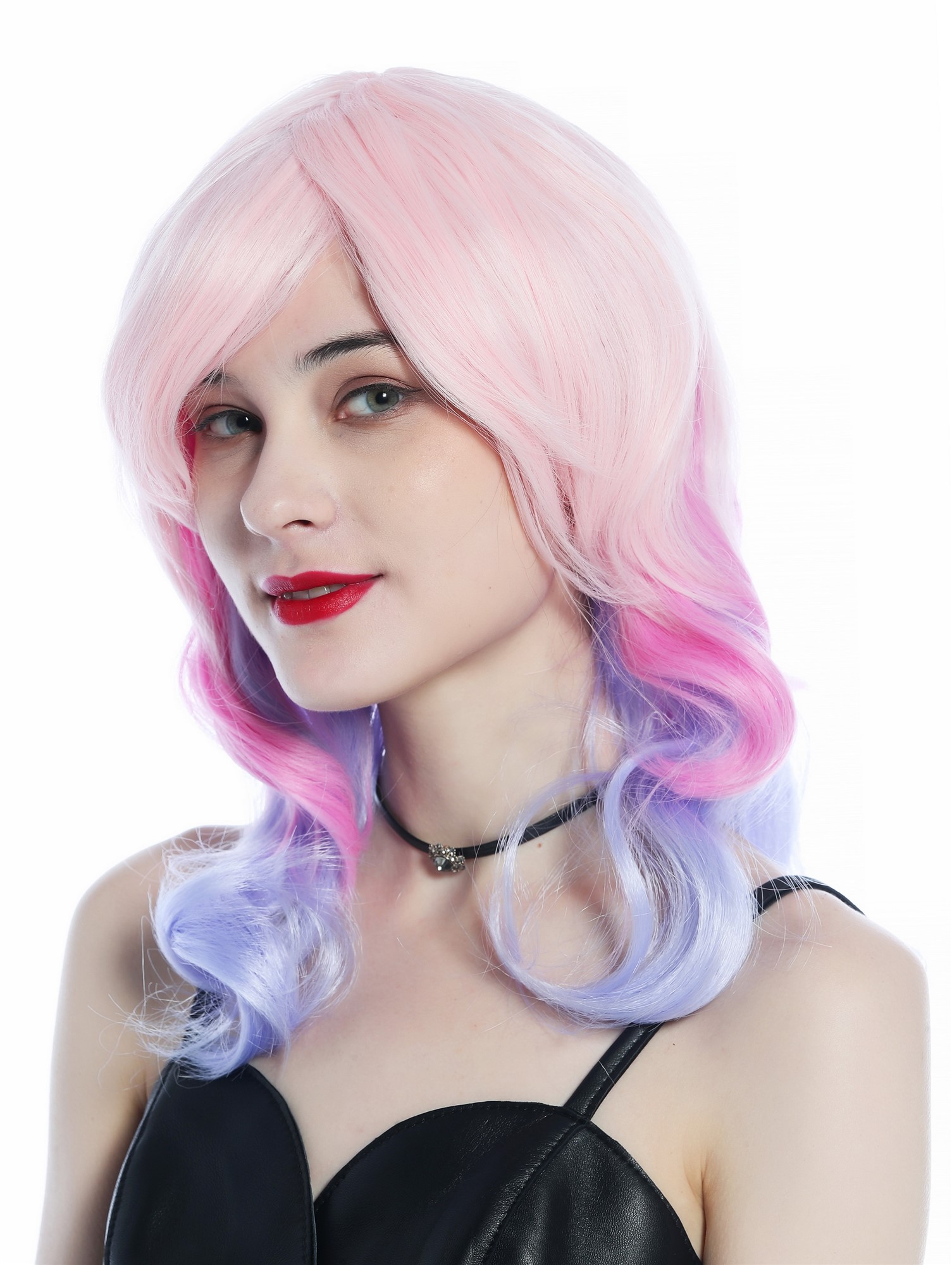 Party Wig, Ladies, Top of the head light pink hatline pink neck light purple, wavy, long