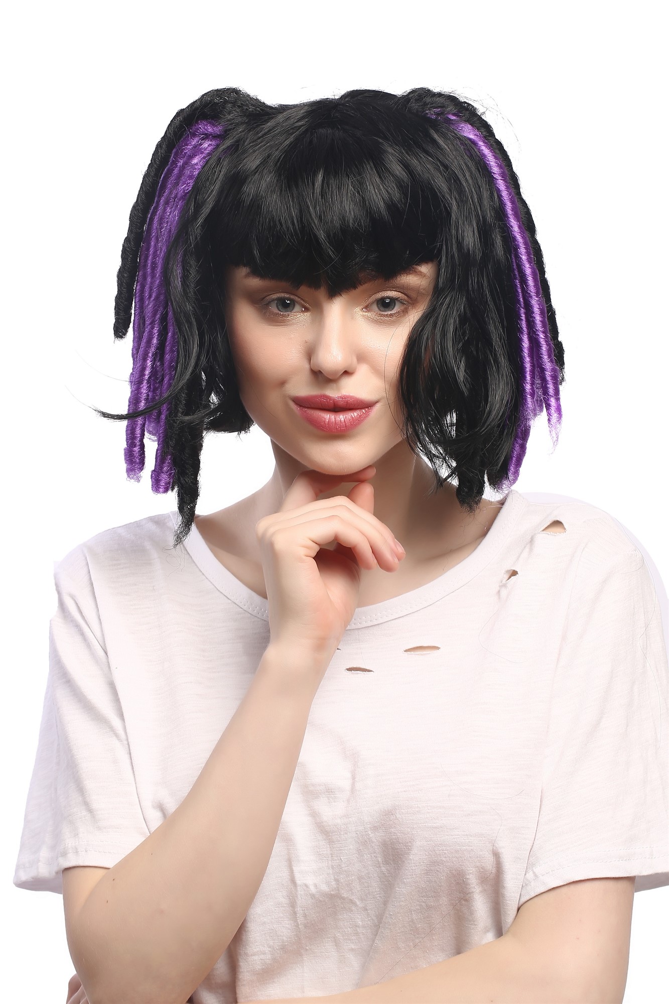 günstige Party Perücke, Perücke Zöpfe Schwarz Violett Cosplay 3160-P103-P08A, Vorderansicht, WIG ME UP: Ihr Perücken Online Shop lockige Party Perücke Schwarz kurze Haare für Damen