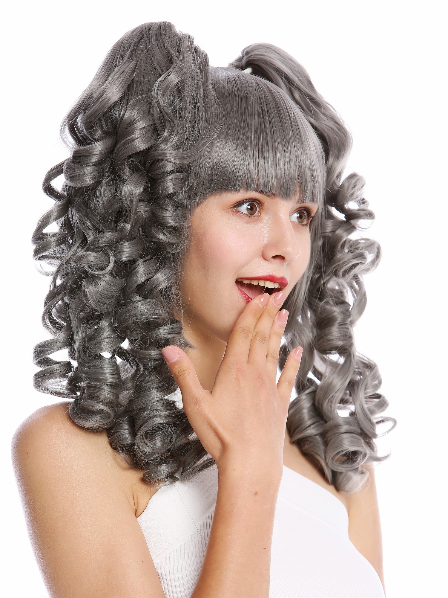 Lady Cosplay Wig bob + 2 ponytails curled bangs ringlets grey gray YZF-7080+A, front view, WIG ME UP: Your Perücken Online Shop Quality Wigs, Ladies, dark gray, curled, shoulder-length