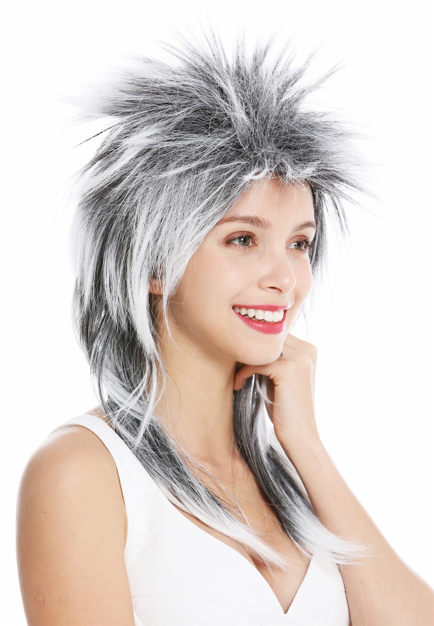 Party wig carnival punk mullet rocker wild 80's wave long black white DH1069, front view, WIG ME UP: Your Perücken Online Shop Party Wig, Unisex, black and white mix, straight, long