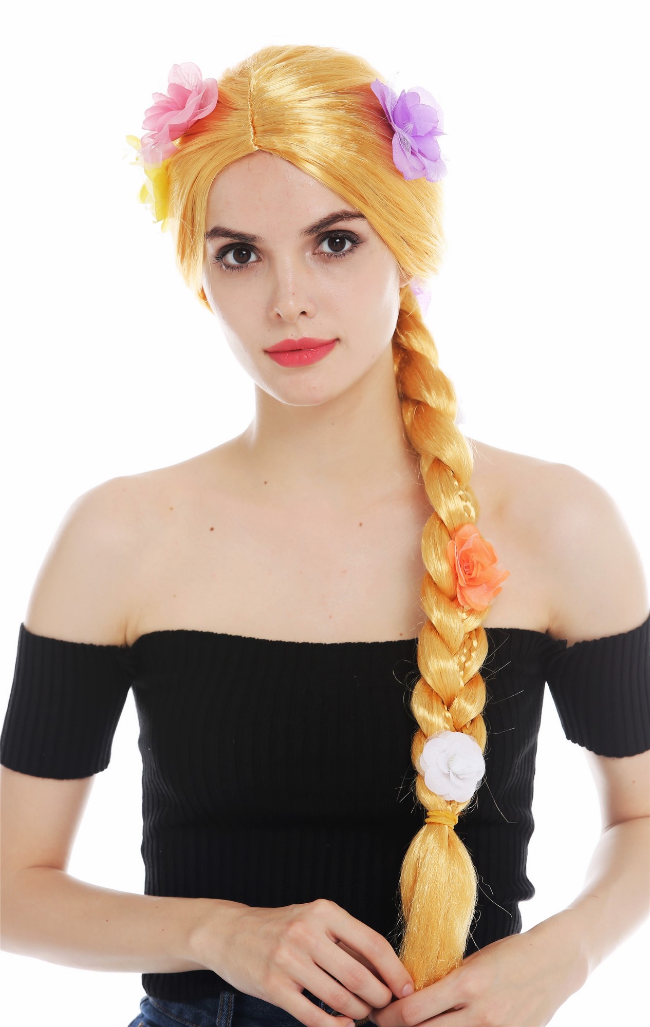 günstige Party Perücke, Perücke lang geflochtener Zopf Blumen Goldblond 31962-P35, Ansicht 2, WIG ME UP: Ihr Perücken Online Shop geflochtene Party Perücke Strohblond lange Haare für Damen