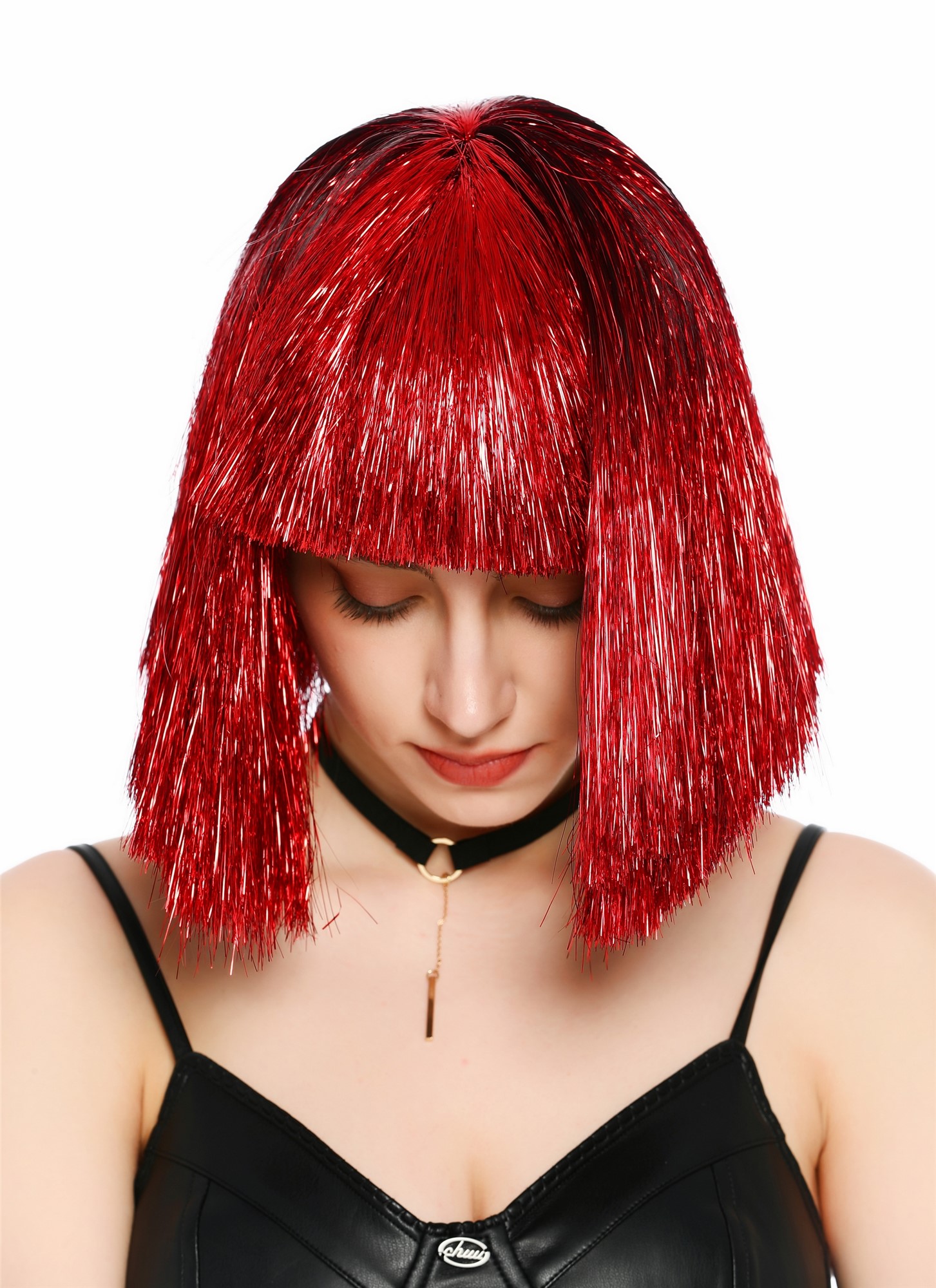 Perücke Damen Glitzer Lametta Tinsel Look Longbob Pony Disco Glam Rot VK-42-TN6