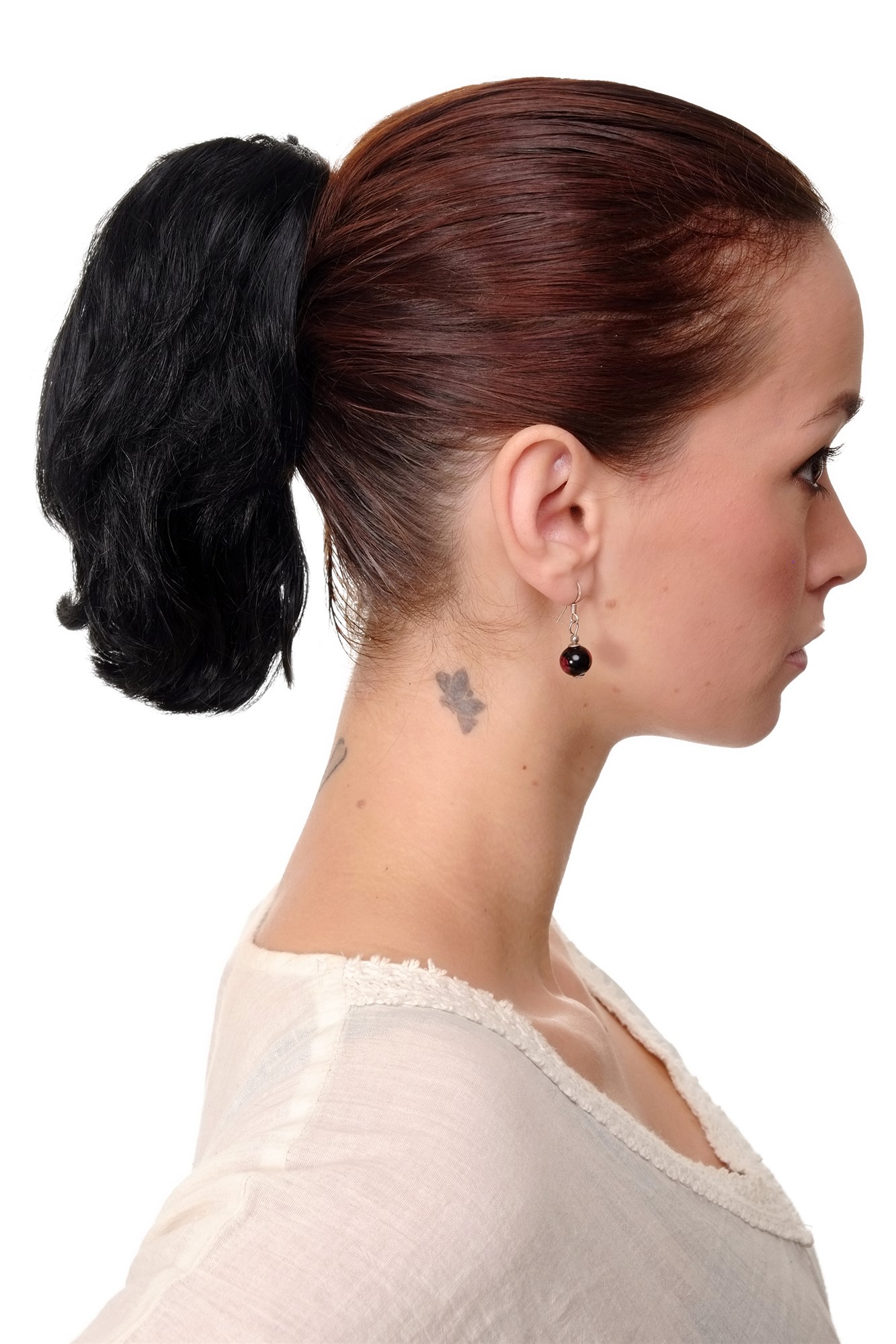 hochwertiges Haarteil Schwarz kurz wild Befestigung mit Butterfly-Klammer Modell: T6545, Vorderansicht, WIG ME UP: Ihr Perücken Online Shop glattes Zopf-Haarteil Schwarz 20 cm lang