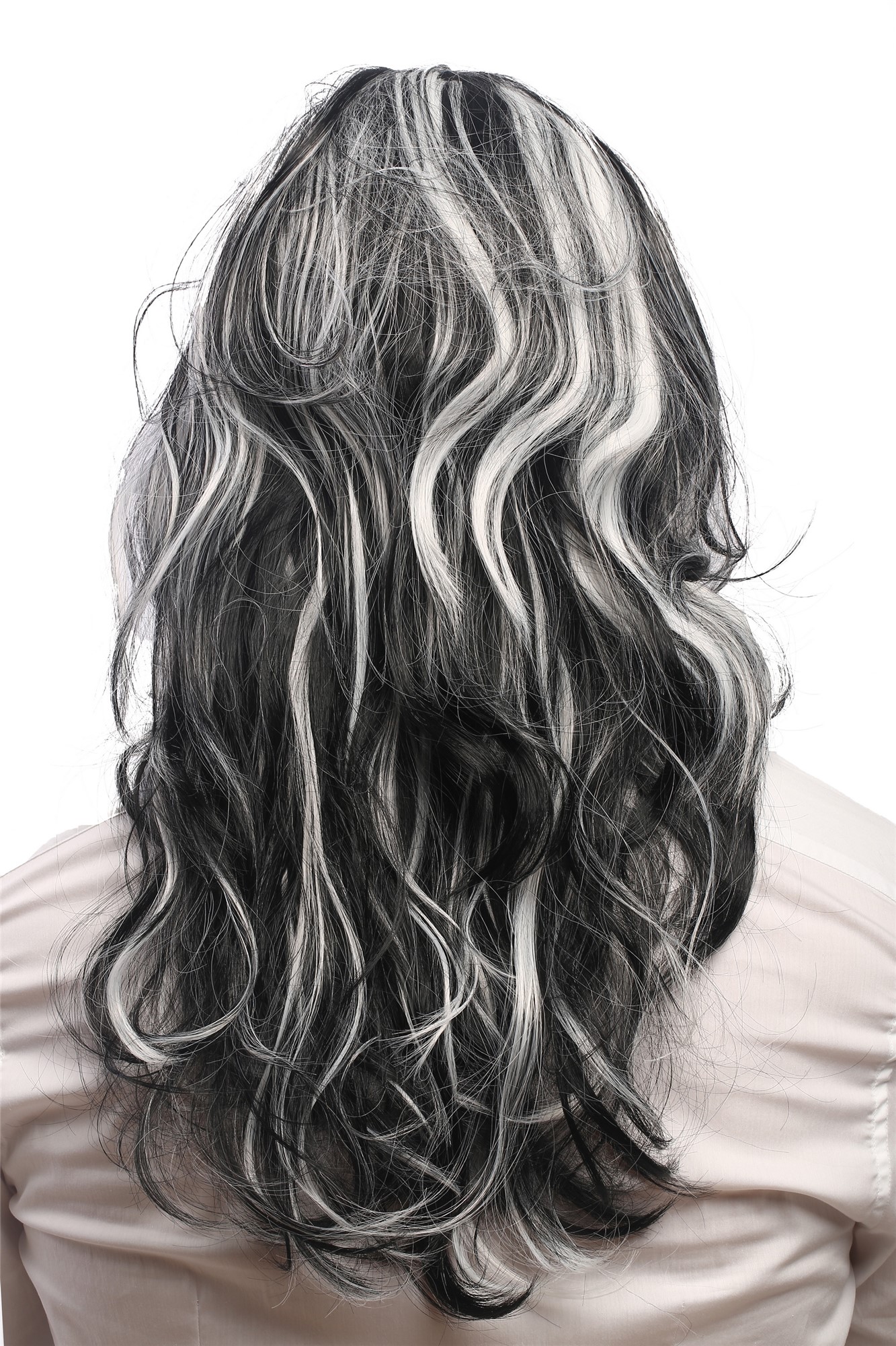 Lady Man Party Wig Halloween long wavy black grey white streaks strands 29938B, view 4, WIG ME UP: Your Perücken Online Shop Party Wig, Men, Black-and-white, wavy, long