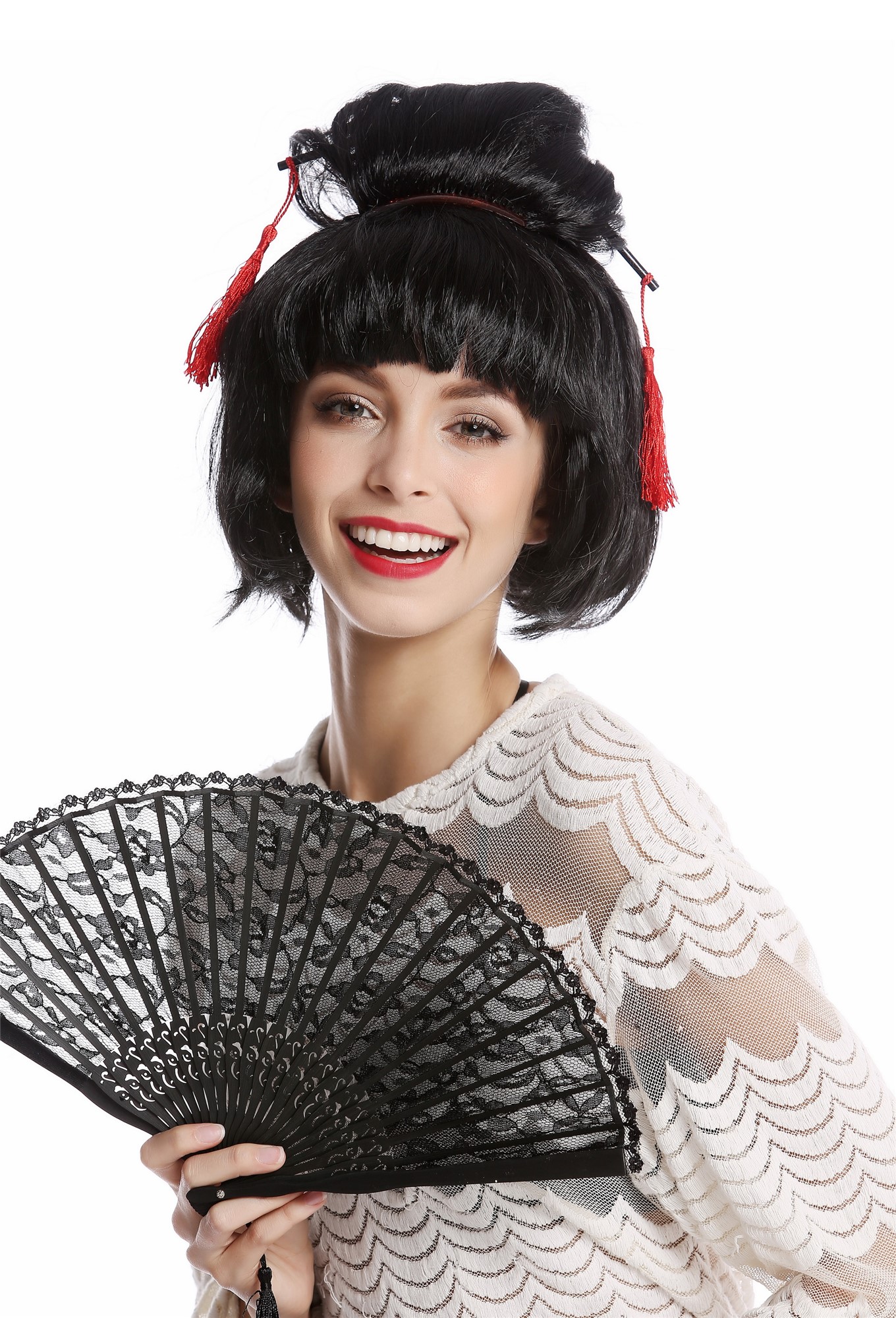 Wig Ladies Women Carnival Halloween Cosplay Japan Geisha Maiko China Girl Asian Hair Bun Black, front view, WIG ME UP: Your Perücken Online Shop Party Wig, Ladies, Black, straight, short