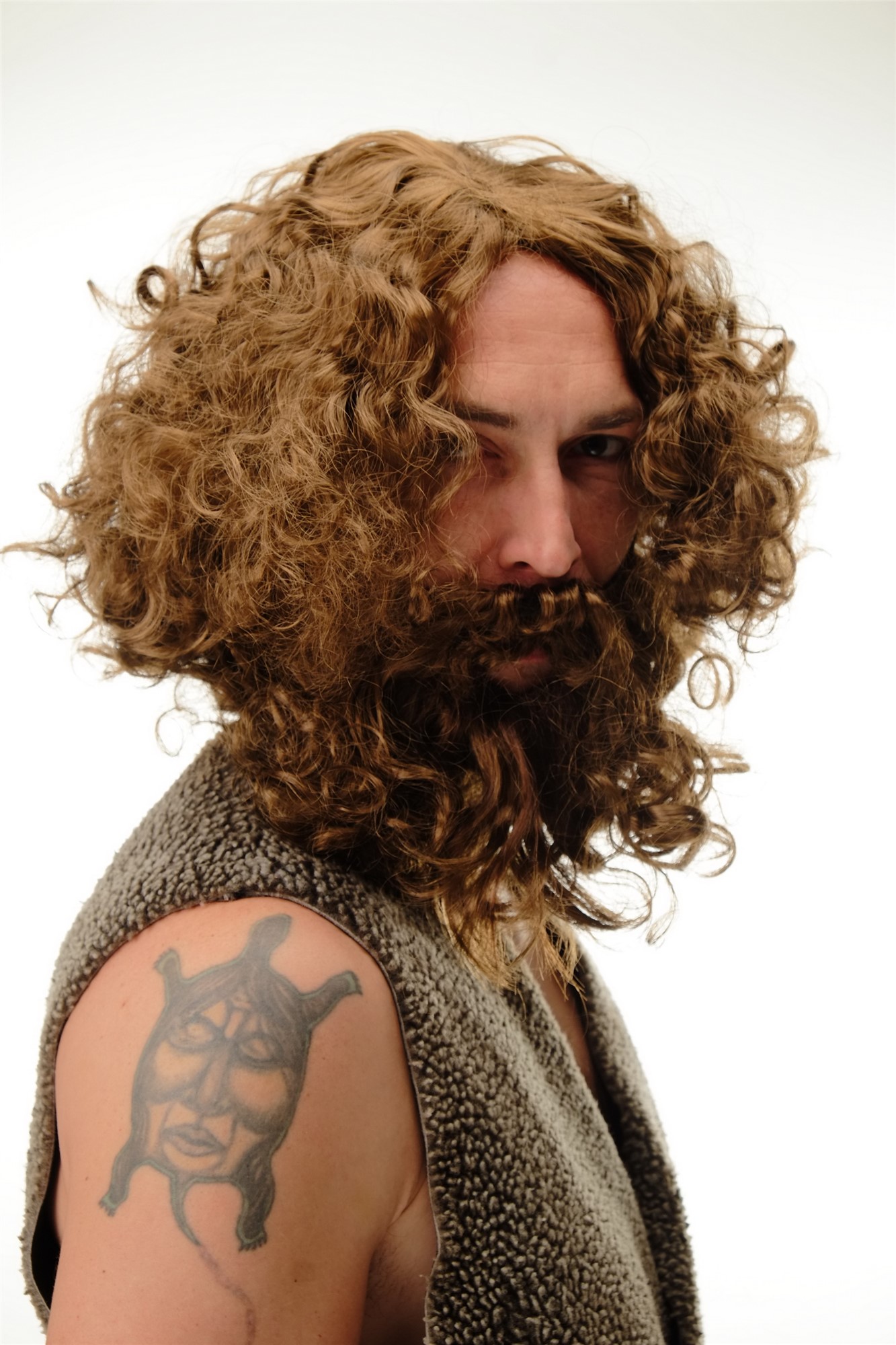 günstige Party Perücke, Perücke Bart Wilder Barbar Urmensch hellbraun 6098A+B-P6, Vorderansicht, WIG ME UP: Ihr Perücken Online Shop lockige Party Perücke Braun schulterlange Haare für Herren