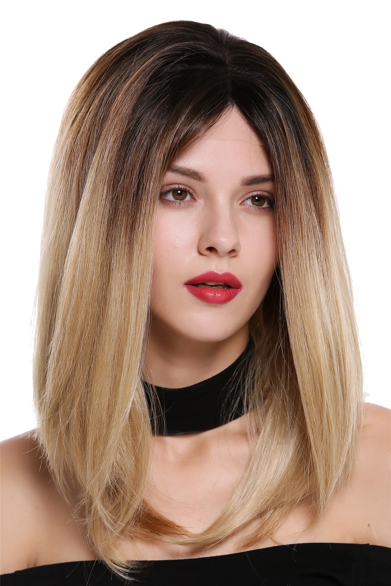 Lady wig lace front monofilament long sleek ombre dark brown blonde DW2553A-MF, front view, WIG ME UP: Your Perücken Online Shop Quality Wigs, Ladies, dark brown-golden blonde-copper blonde mix, straight, long