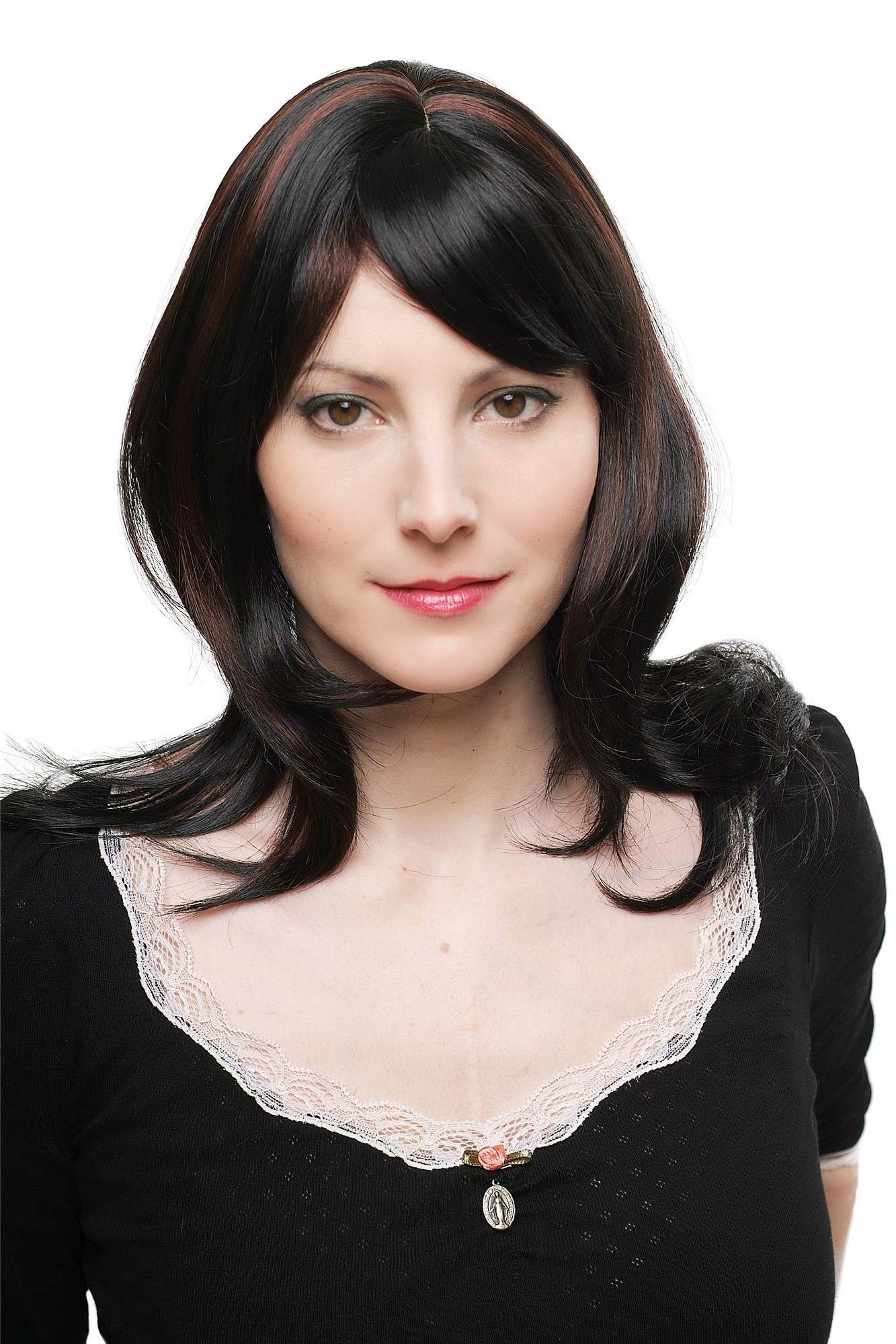 Lady women wig meedium long cute parting wavy black mahagony brown highlights, front view, WIG ME UP: Your Perücken Online Shop Quality Wigs, Ladies, velvet black-chestnut mix, wavy, long