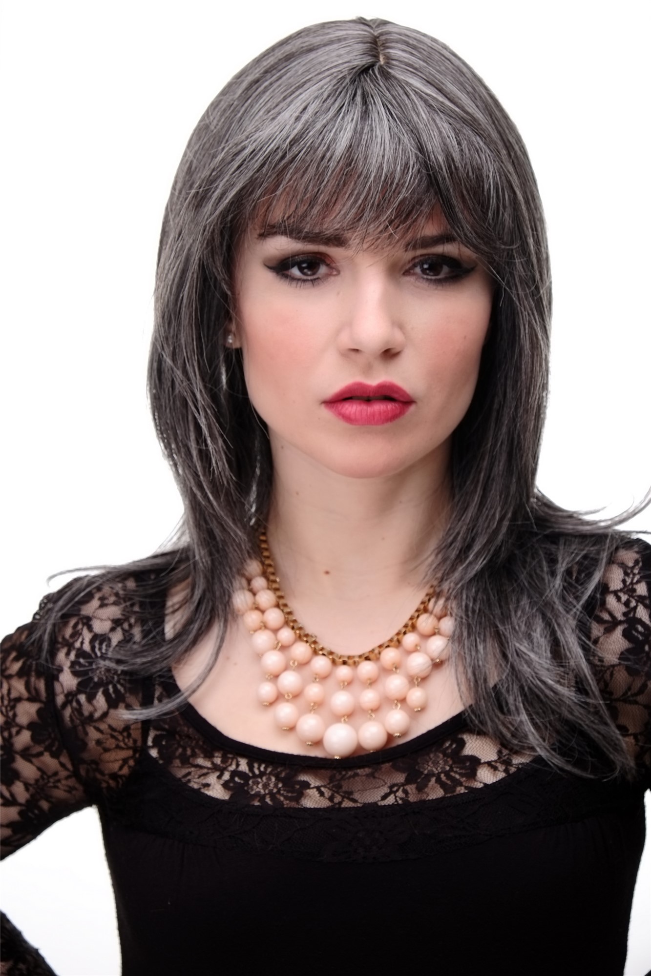 Lady wig medium length fringe parted side straight layered dark grey gray 3003, front view, WIG ME UP: Your Perücken Online Shop Quality Wigs, Ladies, dark brown-gray mix, straight, long
