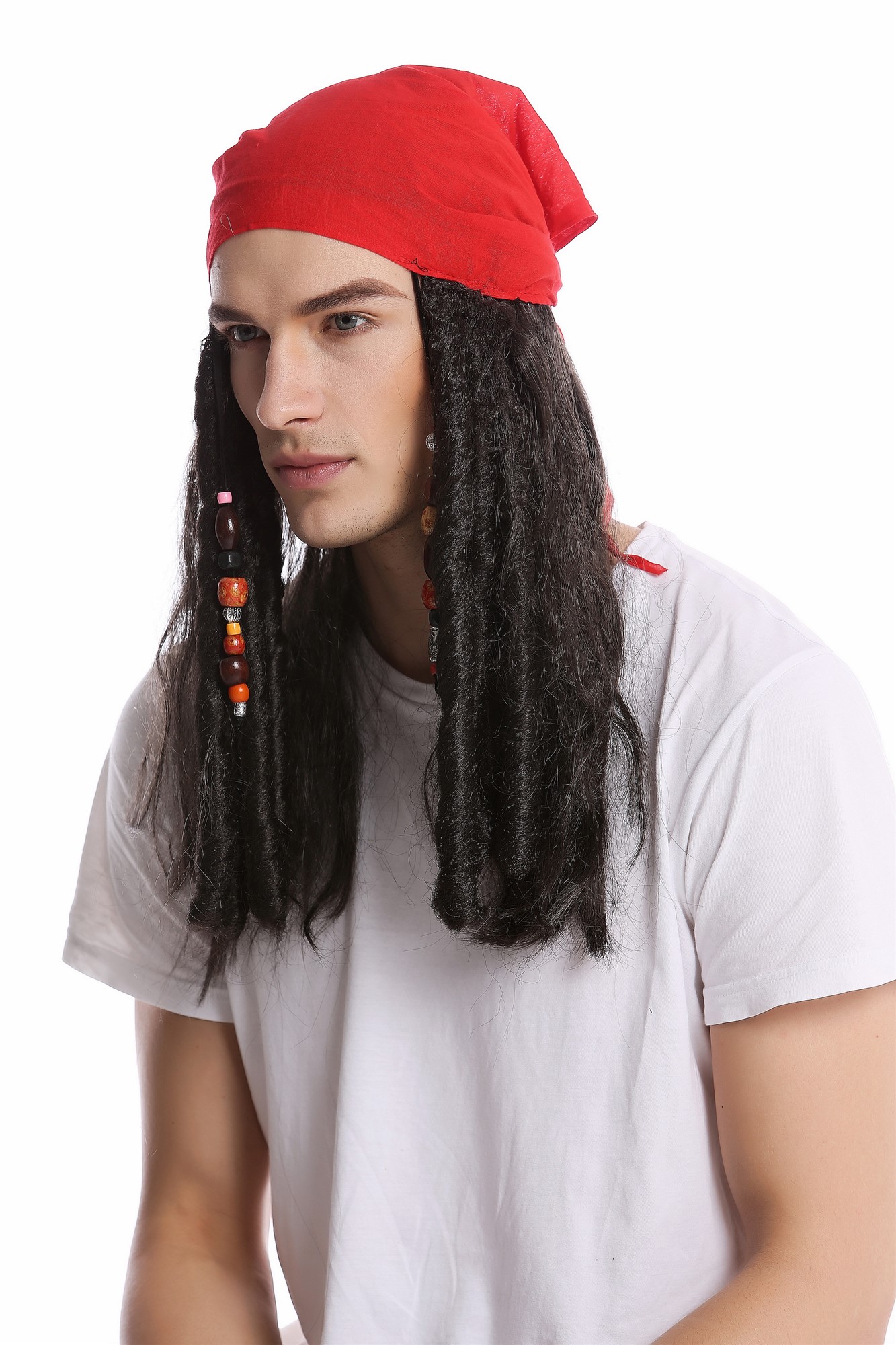 günstige Party Perücke, Perücke Bandana Pirat schwarz Perlen A72325-P1, Ansicht 2, WIG ME UP: Ihr Perücken Online Shop glatte Party Perücke Schwarz schulterlange Haare Unisex