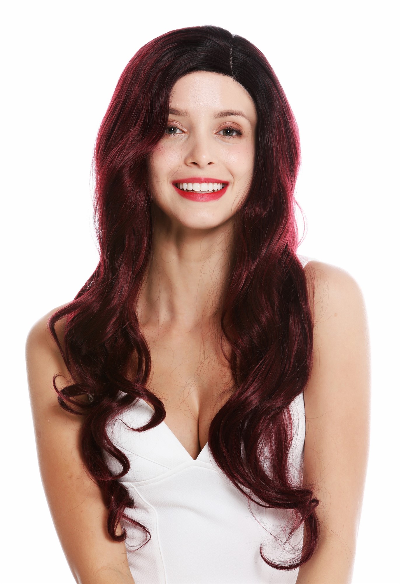 Monofilament lady wig lace front parting long wavy black red highlights VK-24-MF, front view, WIG ME UP: Your Perücken Online Shop Quality Wigs, Ladies, red-black mix, wavy, long
