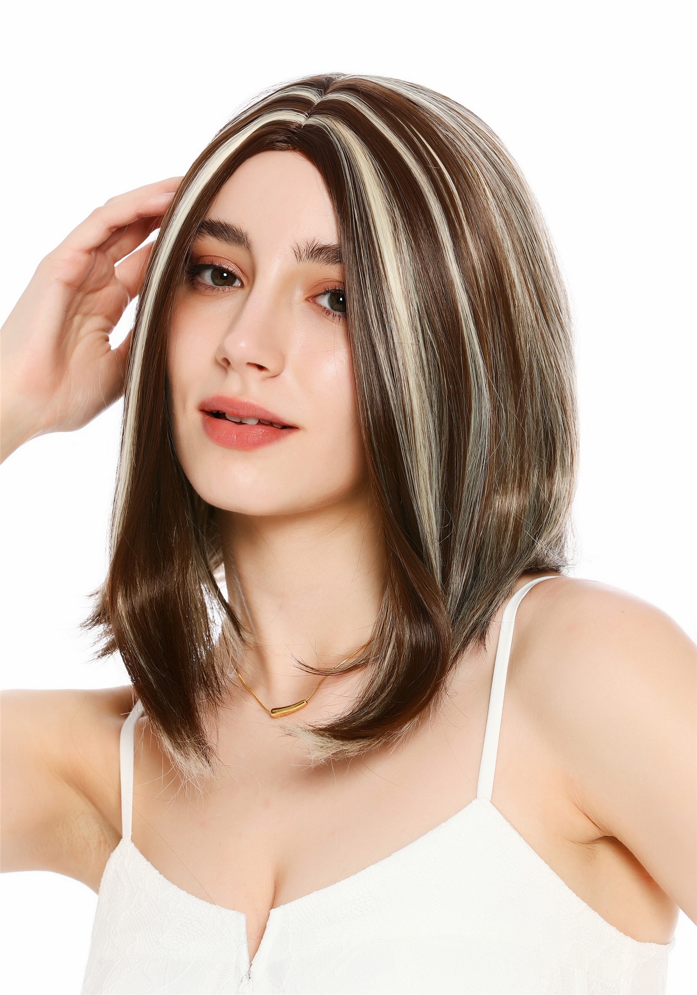 Perücke Damen Mittelscheitel schulterlang glatt Braun Hellblond Gesträhnt Highlights GFW3977-8H88