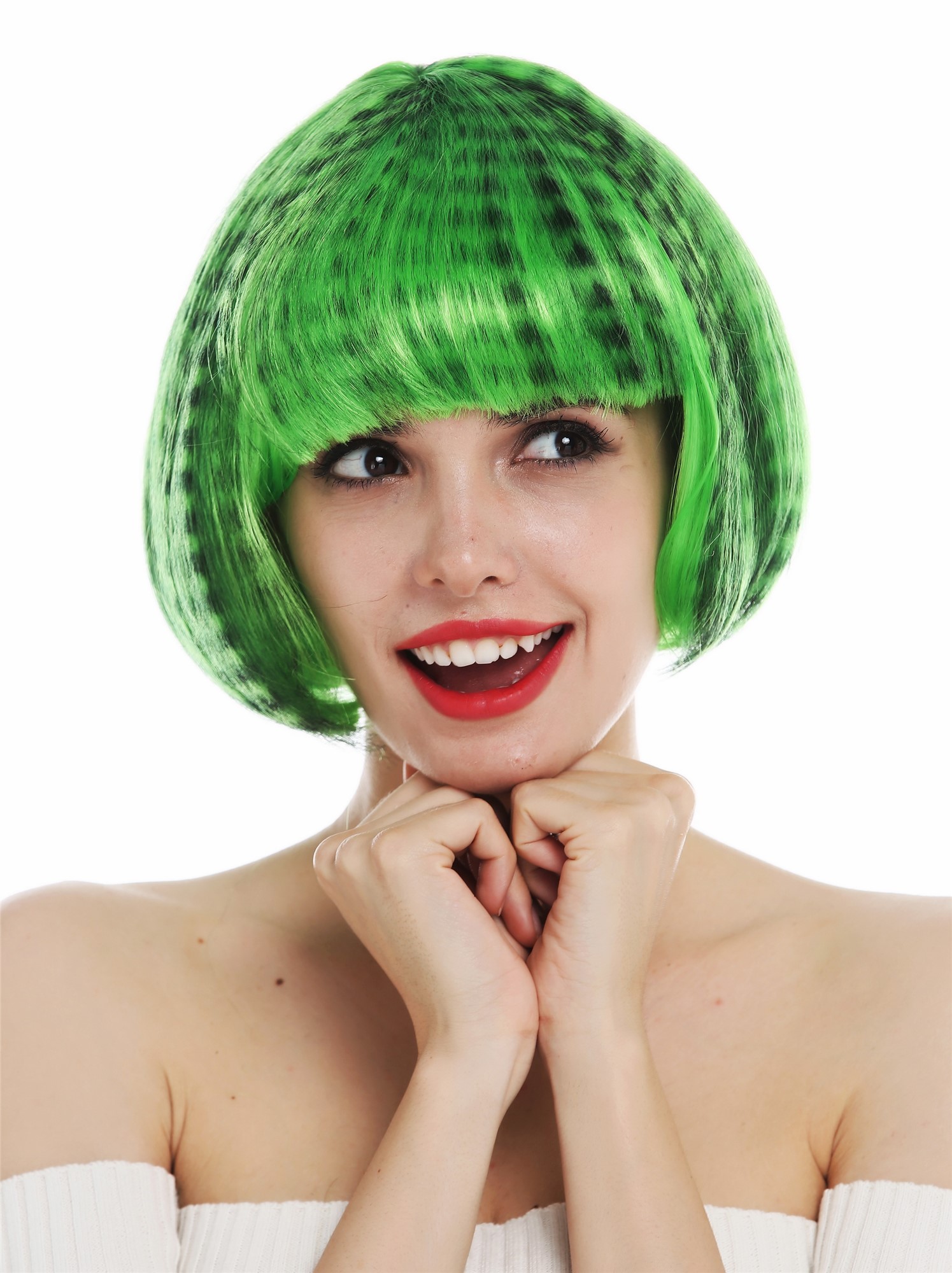 Wig carnival women bob fringe black green highlights tiger stripes JH-10002, front view, WIG ME UP: Your Perücken Online Shop Party Wig, Ladies, light green-deep black mix, straight, short