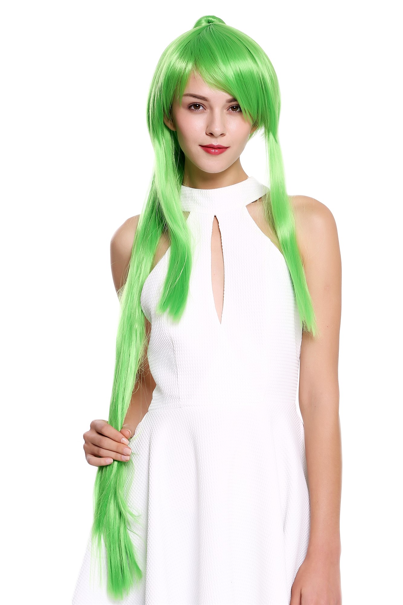 hochwertige Qualitätsperücken, Perücke Lang Zopf Strähnen Grün Cosplay YZF-7042+A-TF2605, Vorderansicht, WIG ME UP: Ihr Perücken Online Shop glatte Tressen-Perücke mit Kopfhaut-Imitat Hellgrün sehr lange Haare für Damen