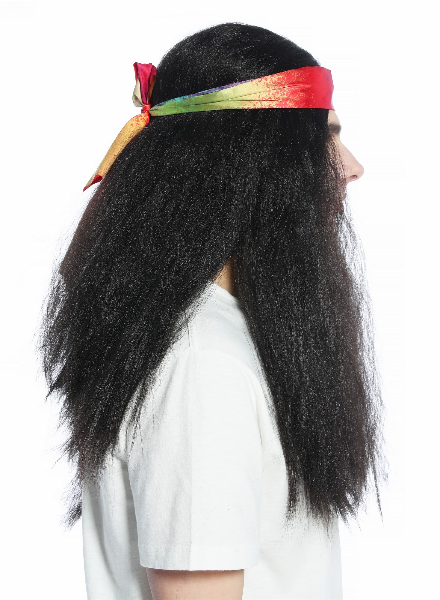 CW-028-P1 Halloween Carnival wig & headband set men women long black 70s Hippie, view 4, WIG ME UP: Your Perücken Online Shop Party Wig, Unisex, black-brown, wavy, long