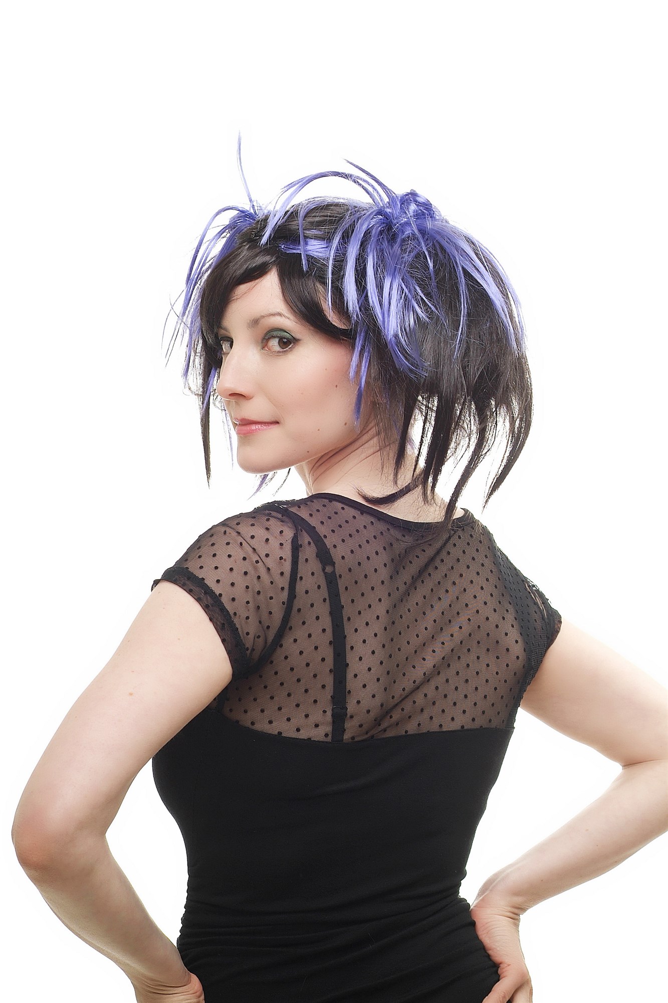 günstige Party Perücke, Perücke Cosplay Schwarz Lila Zöpfe 87110-P1-C10, Ansicht 2, WIG ME UP: Ihr Perücken Online Shop wellige Party Perücke Schwarz schulterlange Haare für Damen