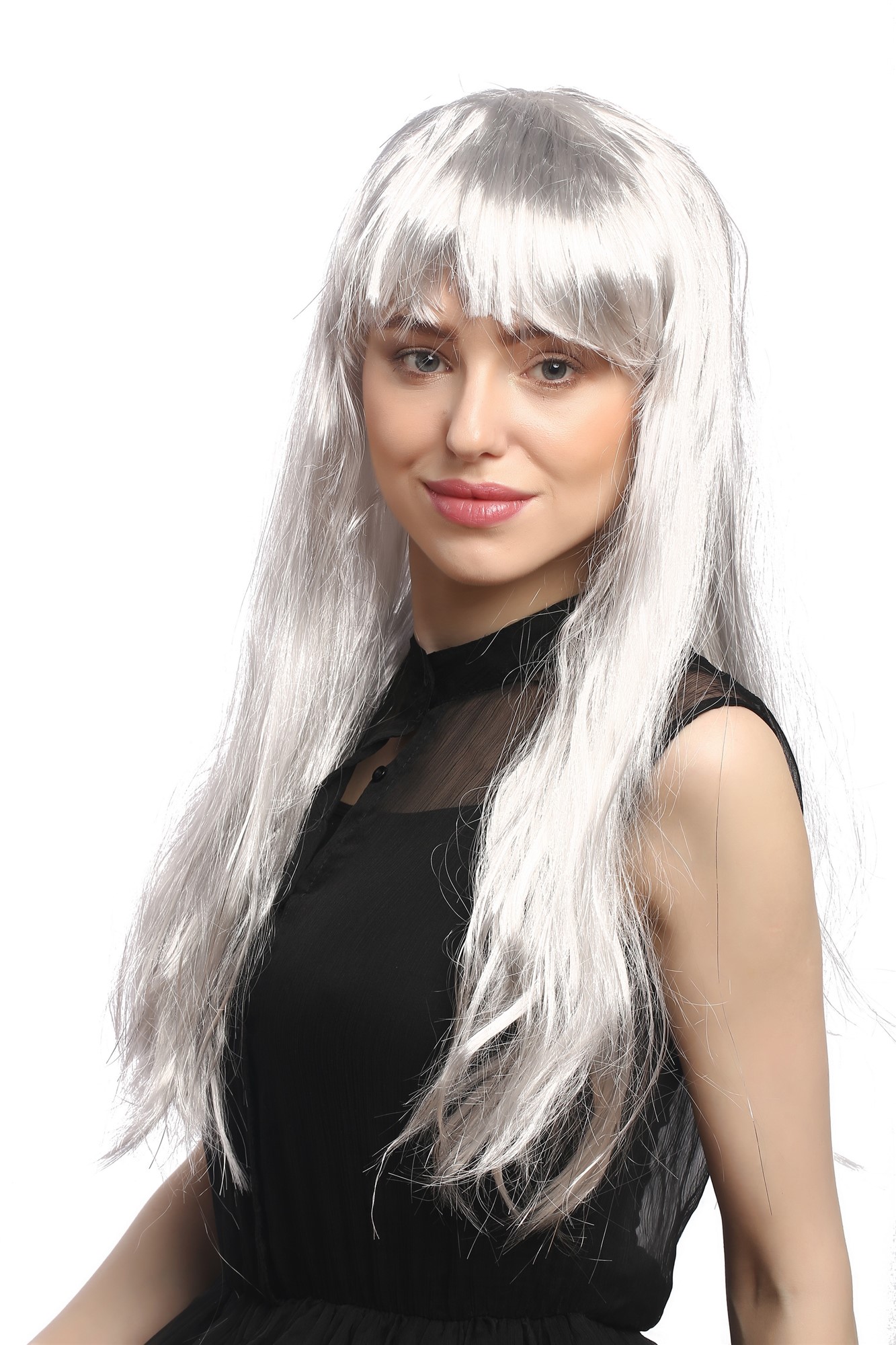 Lady Party Wig Halloween long straight silver grey fringe bangs witch old 31757, front view, WIG ME UP: Your Perücken Online Shop Party Wig, Ladies, Grey, straight, long