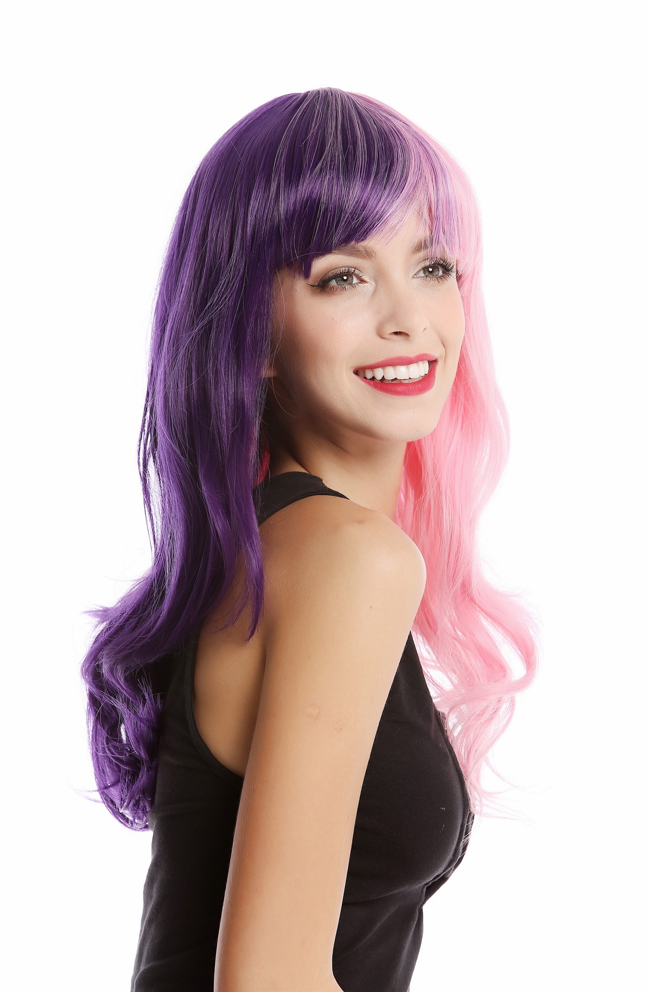hochwertige Qualitätsperücken, Perücke Lang Lockig Halb Lila Rosa GF-W2301-STEP20+T2311, Vorderansicht, WIG ME UP: Ihr Perücken Online Shop lockige Tressen-Perücke Lila-Neonrosa-Mix lange Haare für Damen