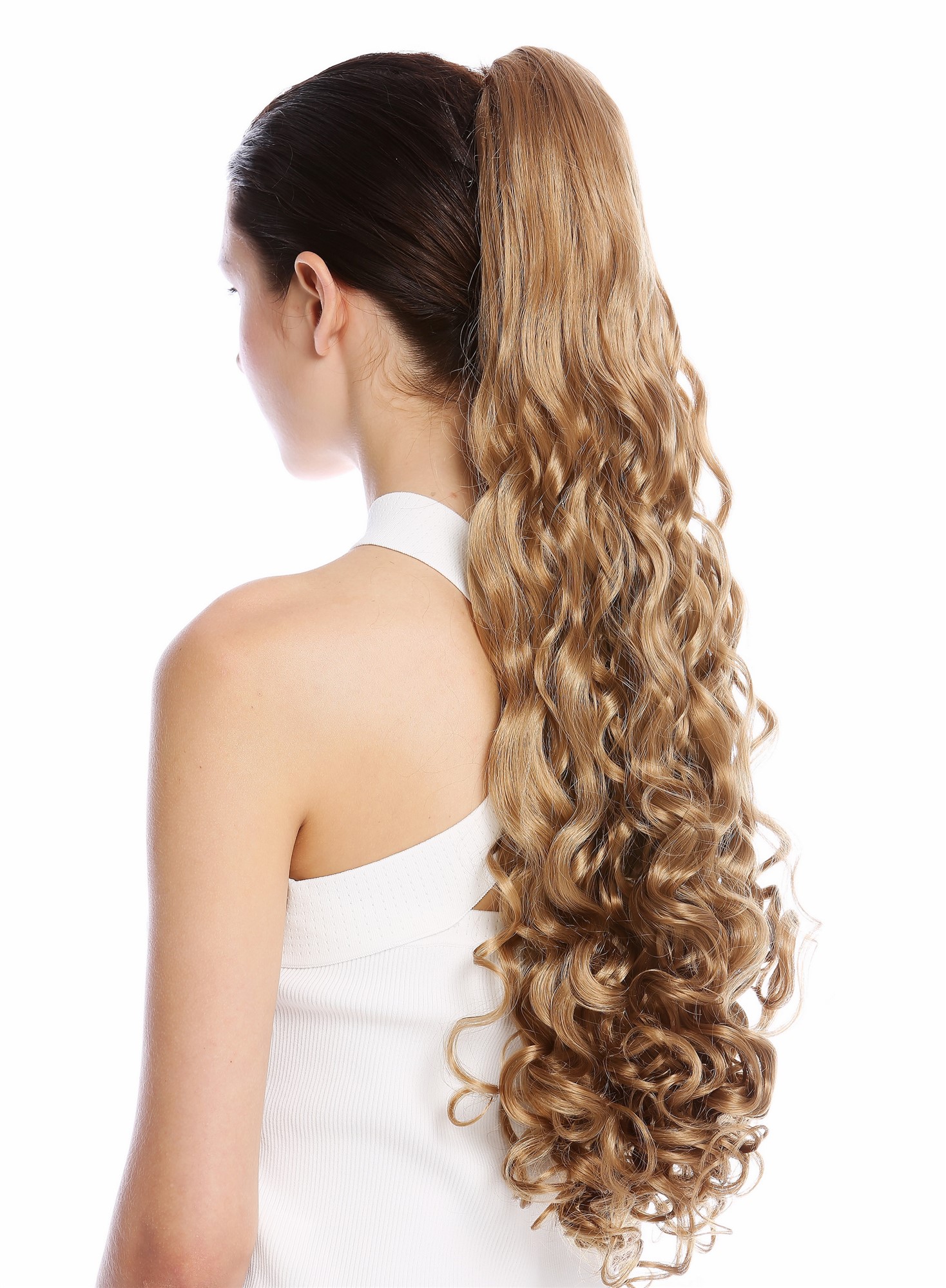 Ponytails, dark blonde, curled, long