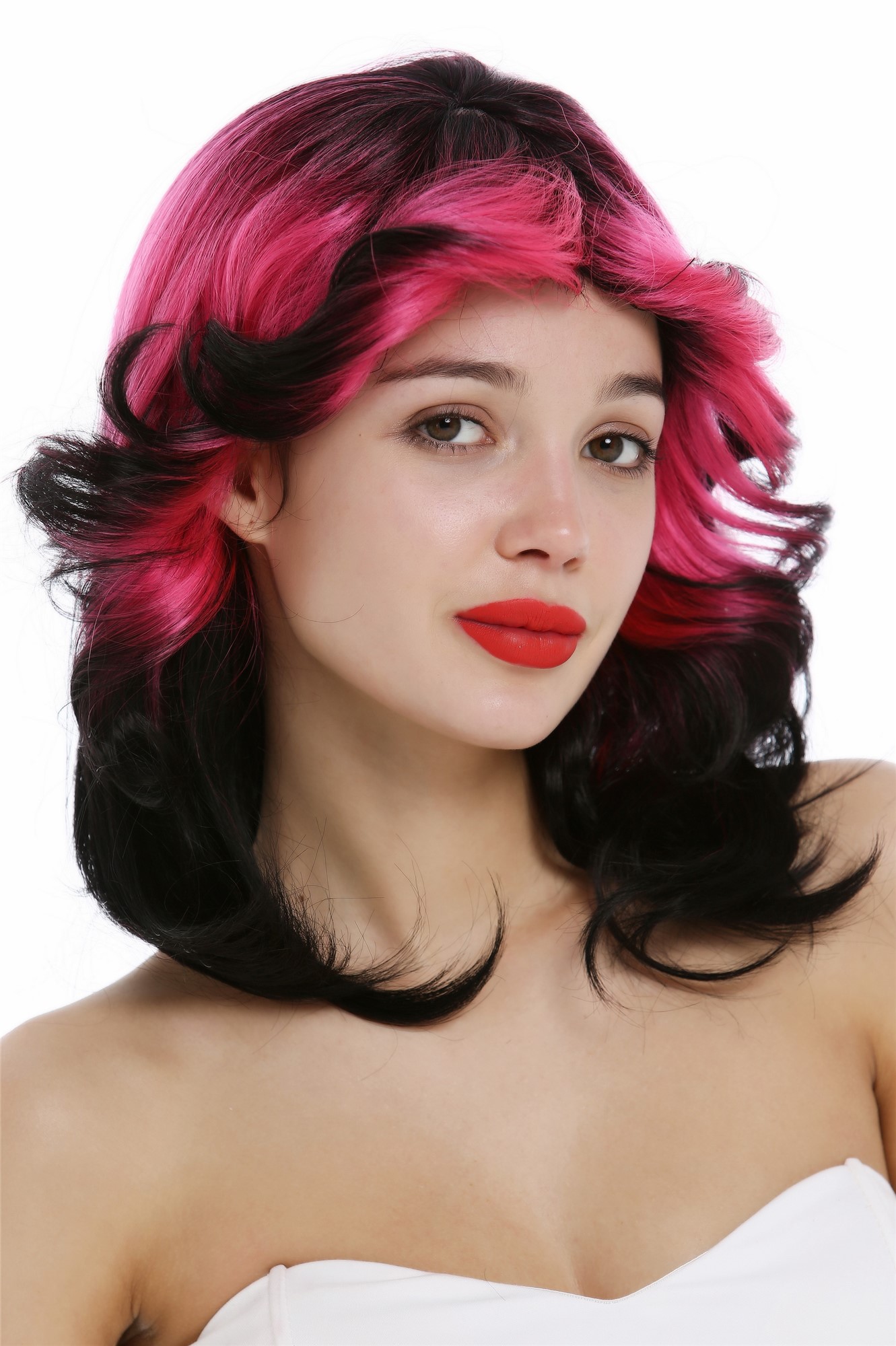 hochwertige Qualitätsperücken, Perücke gewellt toupiert 70er 80er Retro Schwarz Rosa VK-41-1B/HCT5S1B, Vorderansicht, WIG ME UP: Ihr Perücken Online Shop lockige Tressen-Perücke mit Kopfhaut-Imitat Schwarz-Rosa-Mix schulterlange Haare für Damen