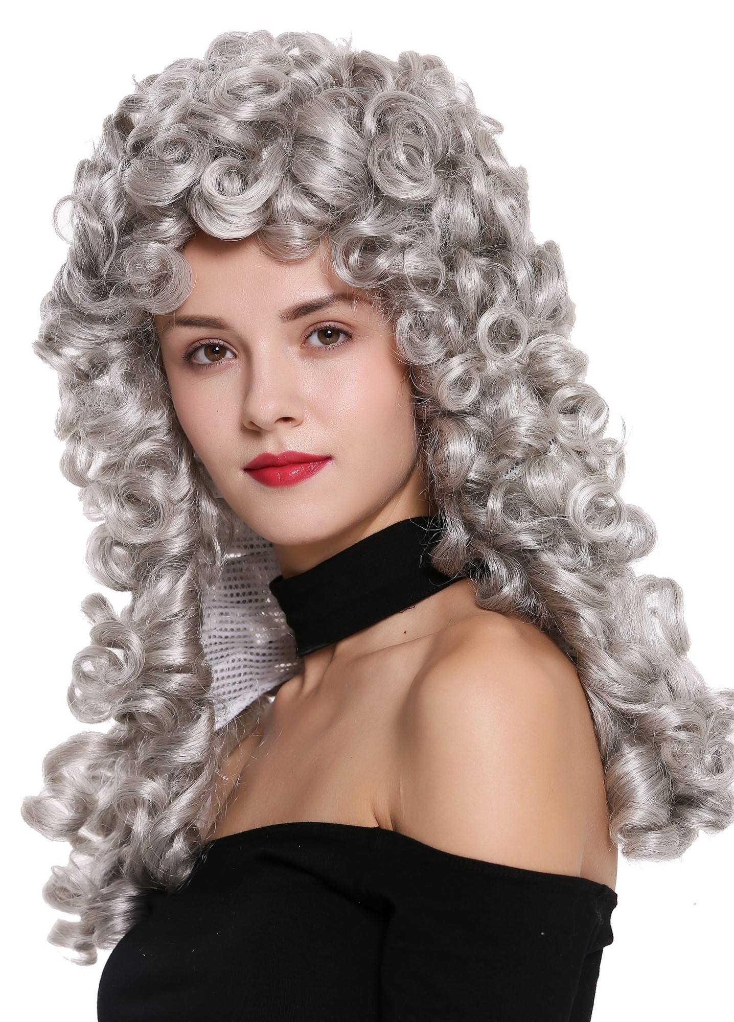 hochwertige Qualitätsperücken, Perücke Lang Locken Barock Renaissance Edelmann Silber Grau B17-2P-B-51, Ansicht 3, WIG ME UP: Ihr Perücken Online Shop lockige Tressen-Perücke mit Gummizug Silbergrau mit geringem Schwarzanteil lange Haare für Herren