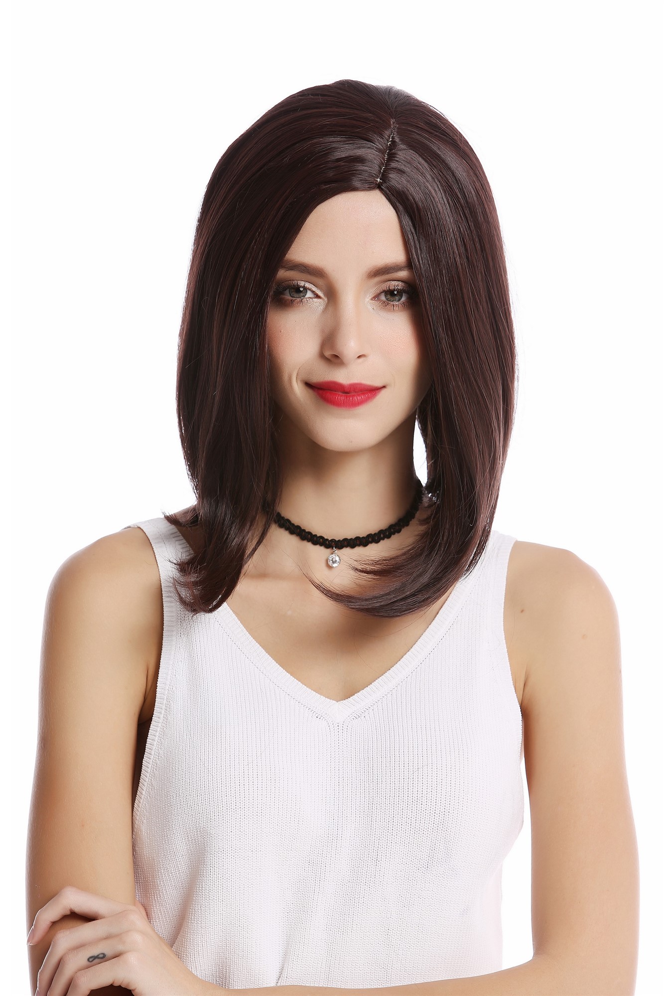 hochwertige Qualitätsperücken, Perücke Longbob kurz glatt Mahagoni Braun YZF-4358-2/33, Ansicht 2, WIG ME UP: Ihr Perücken Online Shop glatte Tressen-Perücke mit Kopfhaut-Imitat Schwarzbraun-Mahagonibraun-Mix schulterlange Haare für Damen