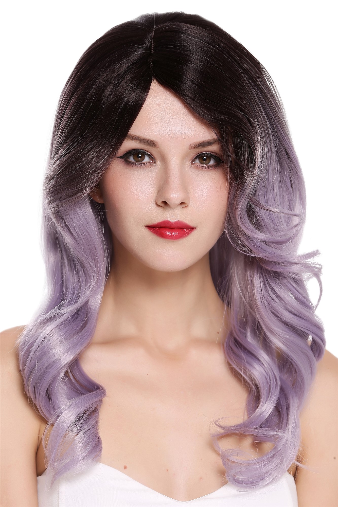hochwertige Qualitätsperücken, Perücke Lang Wellig Dunkelbraun Lila Grau Mix Ombre RGF-5904LD-T4/GRAY, Vorderansicht, WIG ME UP: Ihr Perücken Online Shop wellige Tressen-Perücke mit Kopfhaut-Imitat Dunkelbraun Lila Grau Mix lange Haare für Damen
