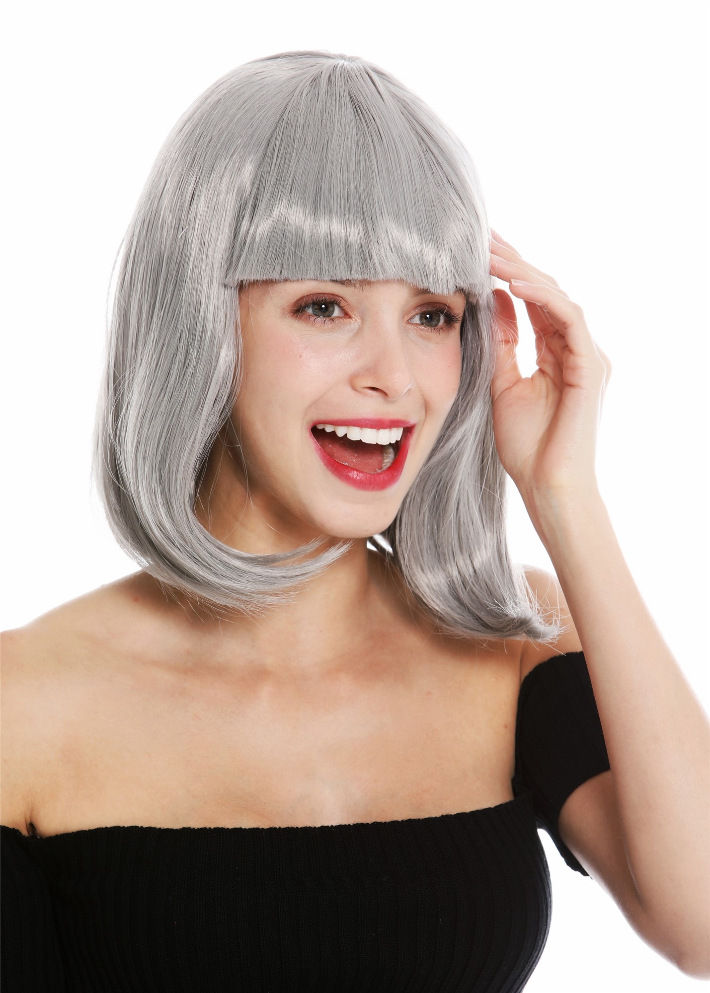 günstige Party Perücke, Perücke Bob-Frisur Longbob glatt Pony Grau 0073-3-ZA68E, Ansicht 2, WIG ME UP: Ihr Perücken Online Shop glatte Party Perücke Hellgrau kurze Haare für Damen